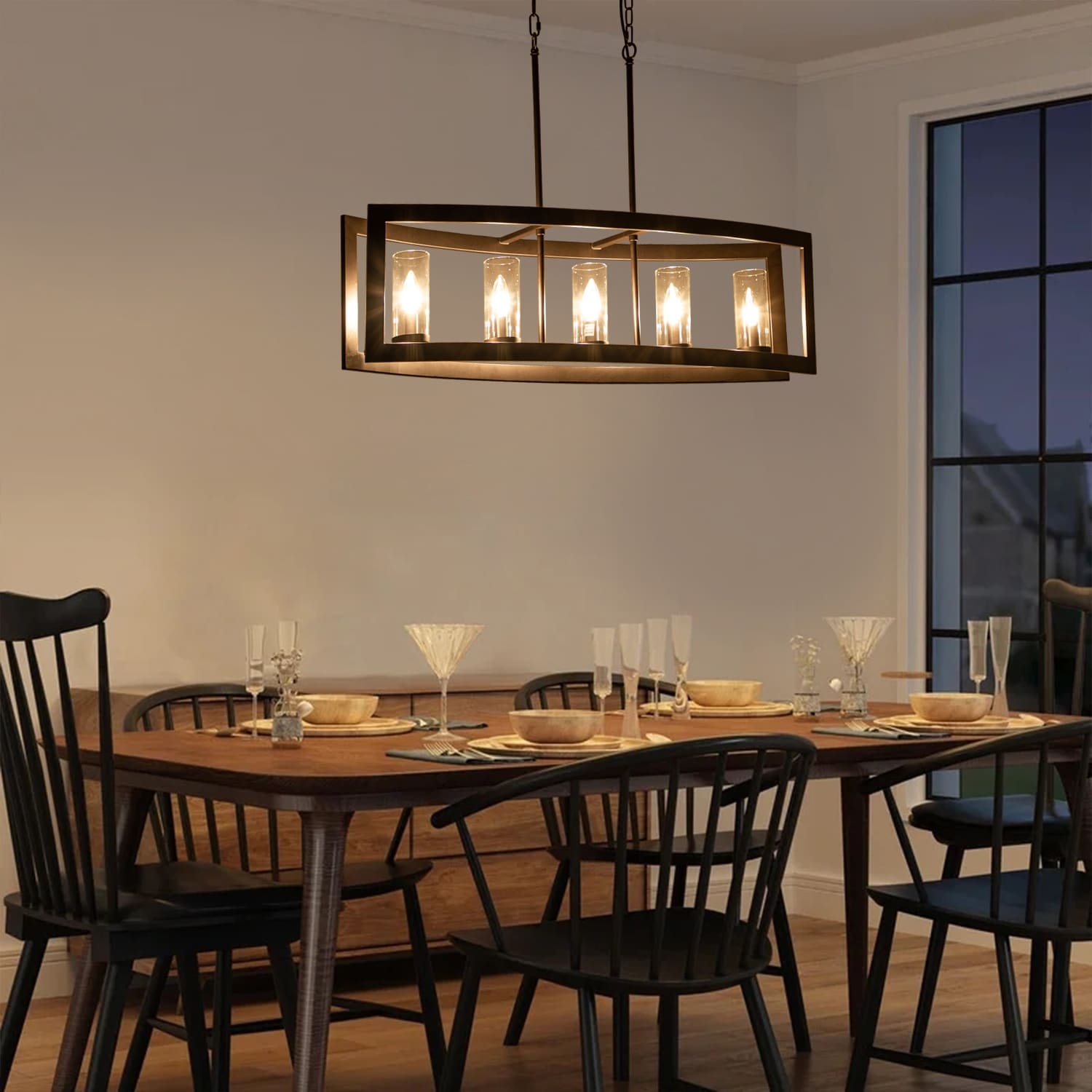 Lustre linéaire industriel moderne à 5 lumières pour salle à manger, style ferme, en verre transparent, idéal pour une cuisine ou un îlot de cuisine