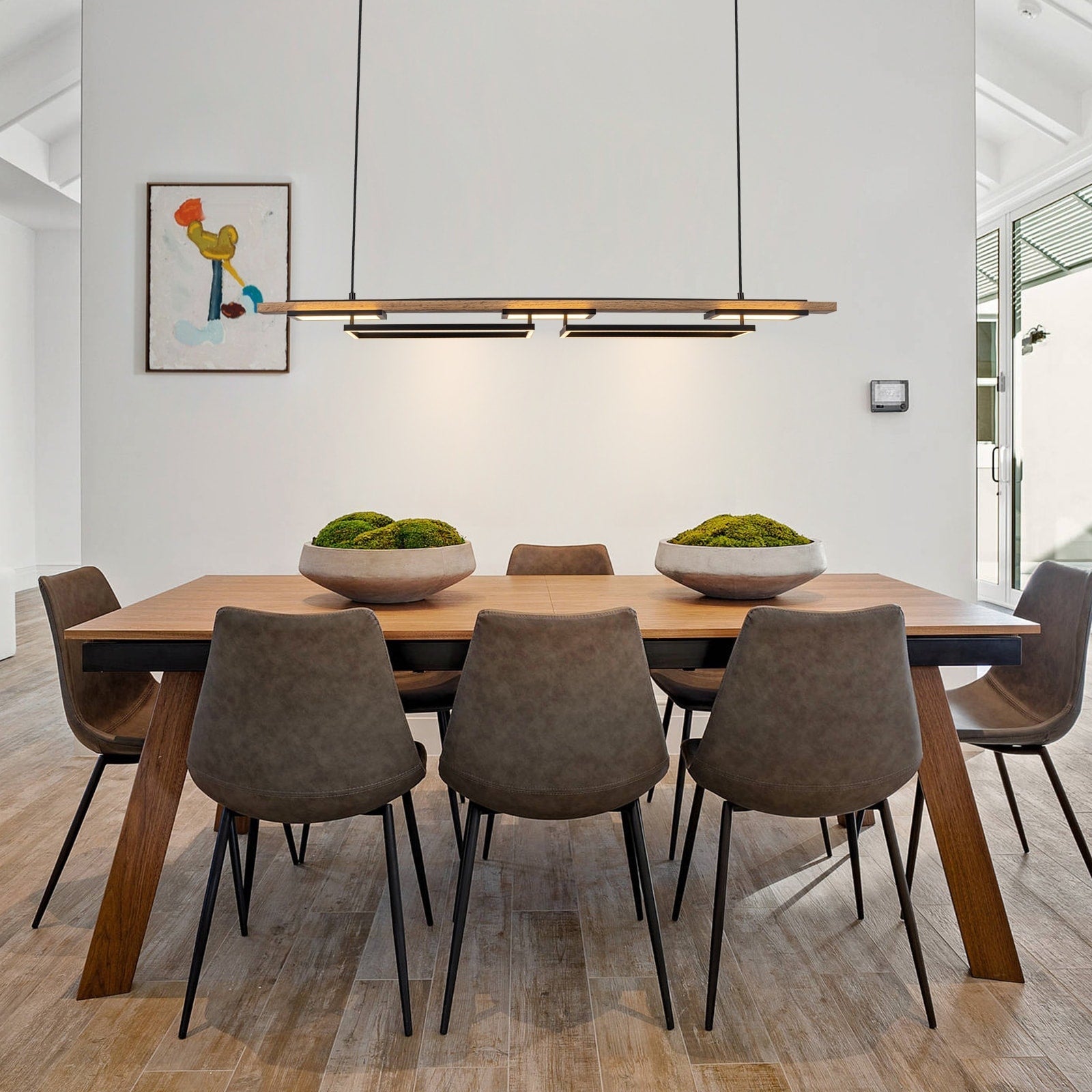 Lustre linéaire en bois à 3/5 lumières LED intégrées pour îlot de cuisine