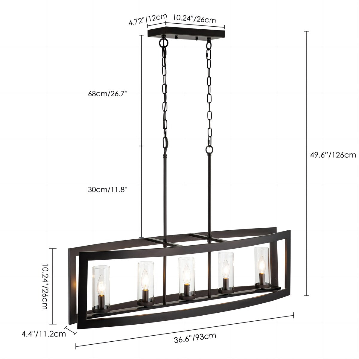 Lustre rectangulaire en verre vintage à 5 lumières pour îlot de cuisine industriel moderne du milieu du siècle