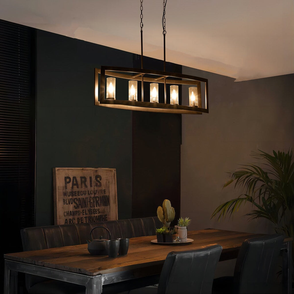 Lustre rectangulaire en verre vintage à 5 lumières pour îlot de cuisine industriel moderne du milieu du siècle