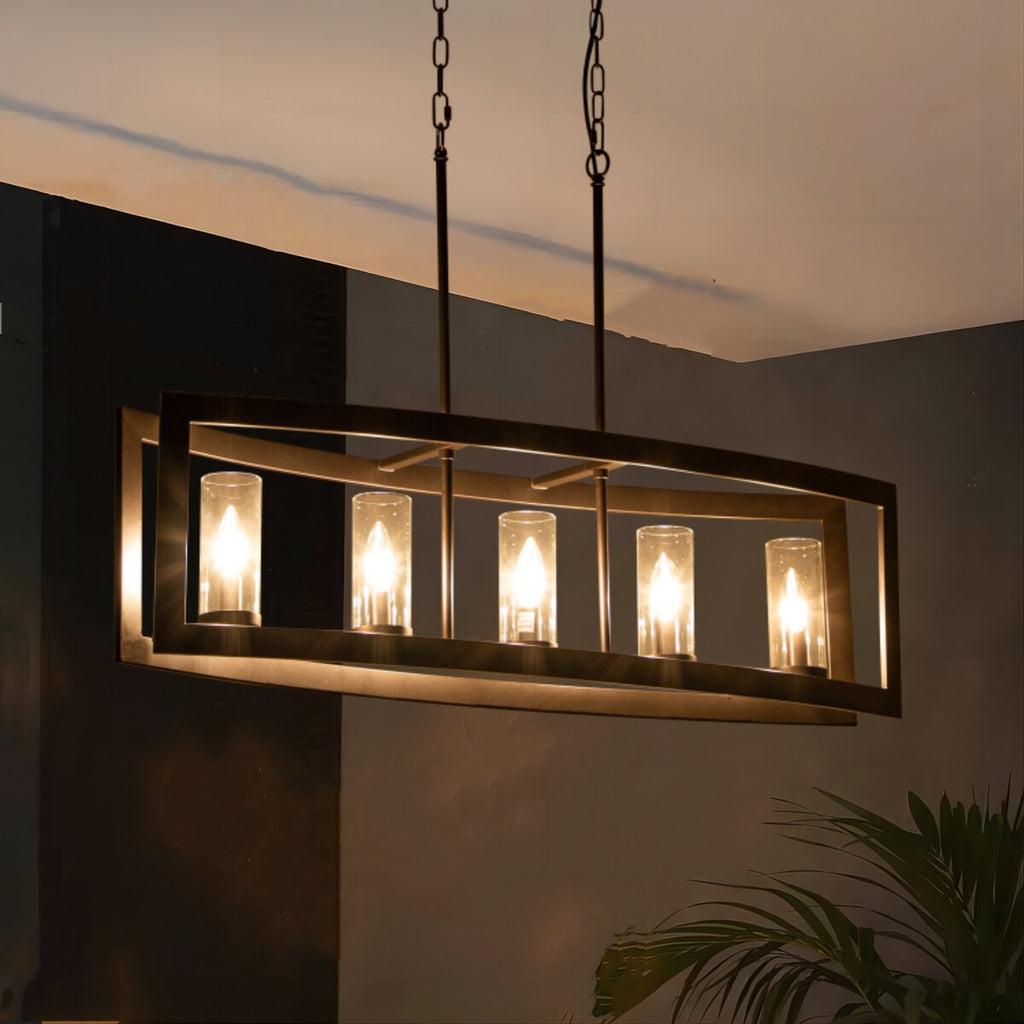 Lustre rectangulaire en verre vintage à 5 lumières pour îlot de cuisine industriel moderne du milieu du siècle