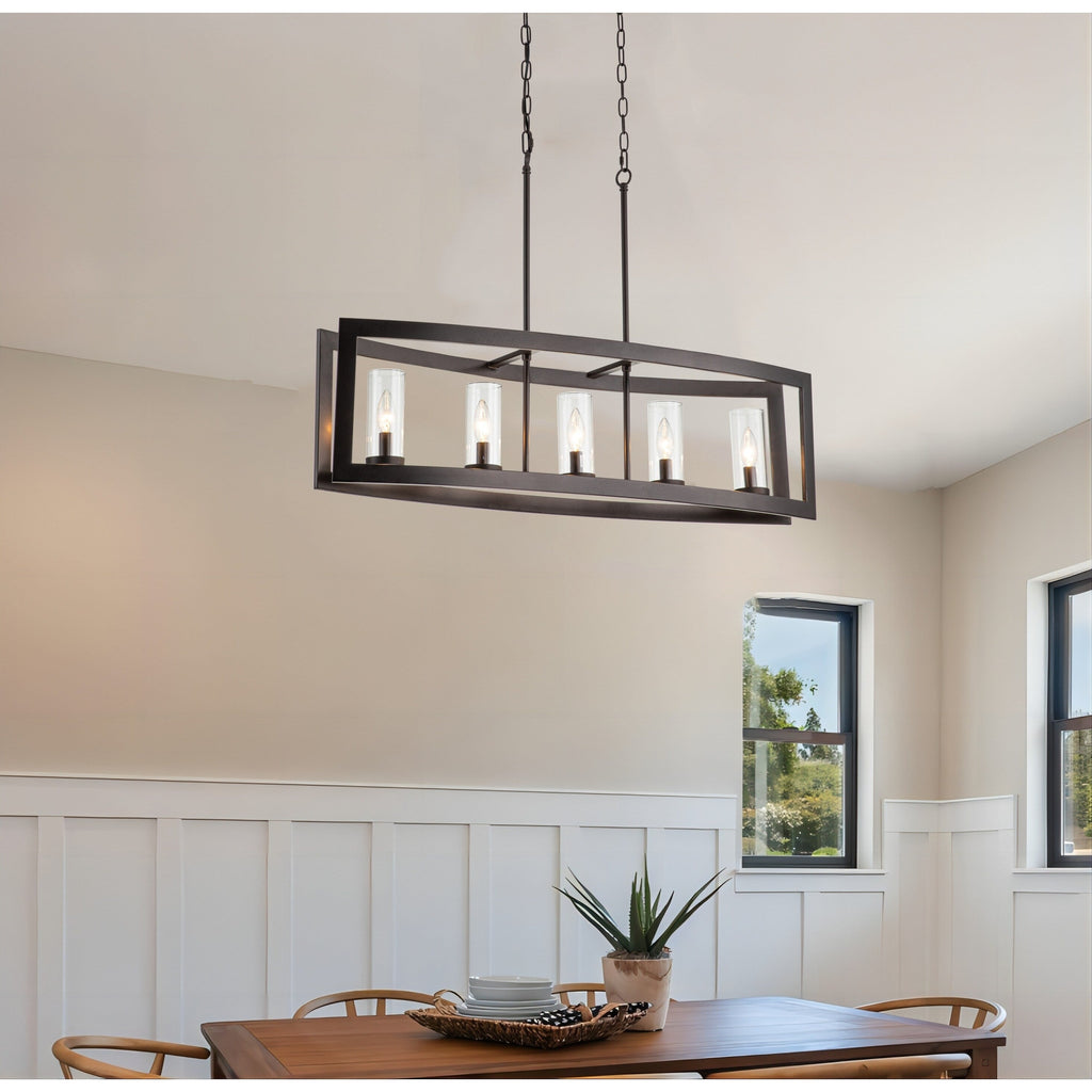 Lustre linéaire industriel moderne à 5 lumières pour salle à manger, style ferme, en verre transparent, idéal pour une cuisine ou un îlot de cuisine