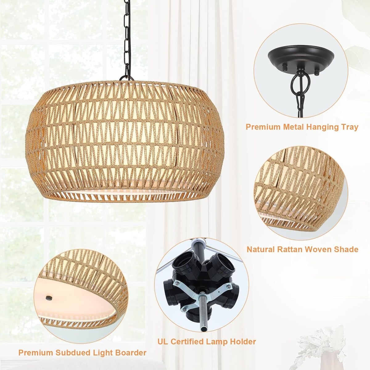 Lustre de ferme en rotin à 5 lumières