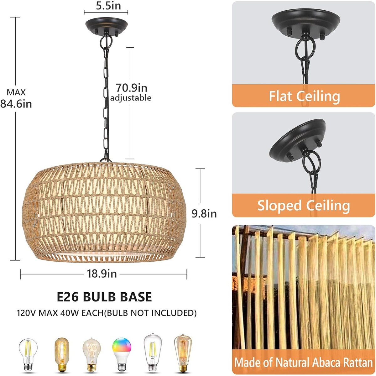 Lustre de ferme en rotin à 5 lumières