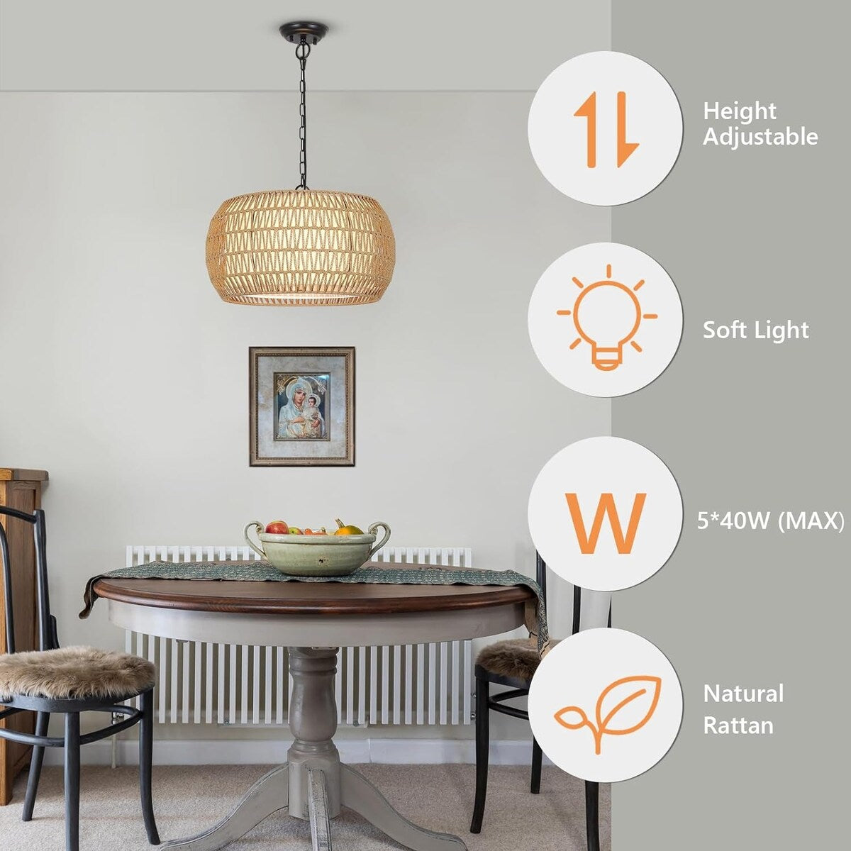 Lustre de ferme en rotin à 5 lumières