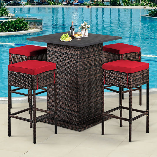 Ensemble de bar d'extérieur en rotin 5 pièces avec coussins et tabourets