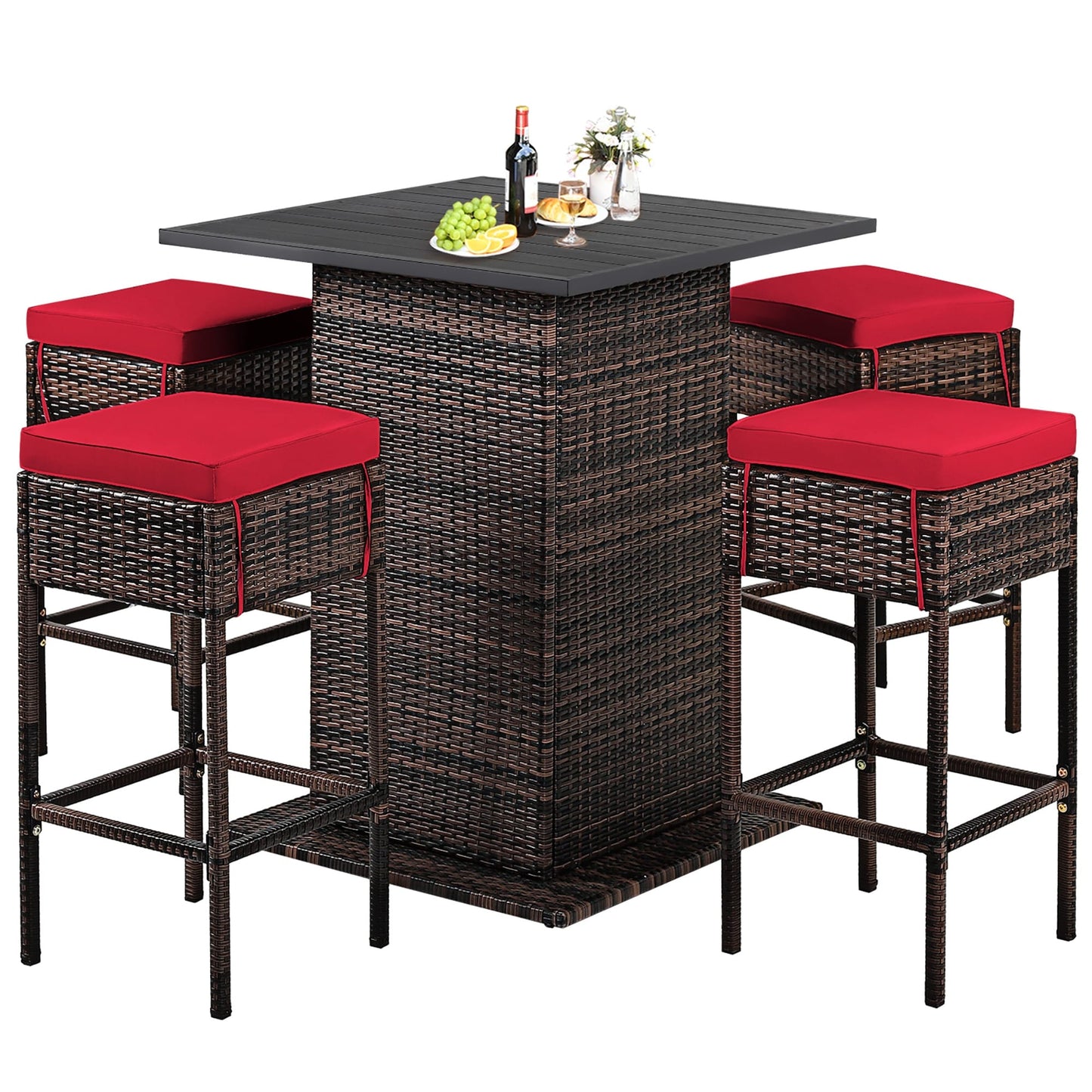 Ensemble de bar d'extérieur en rotin 5 pièces avec coussins et tabourets