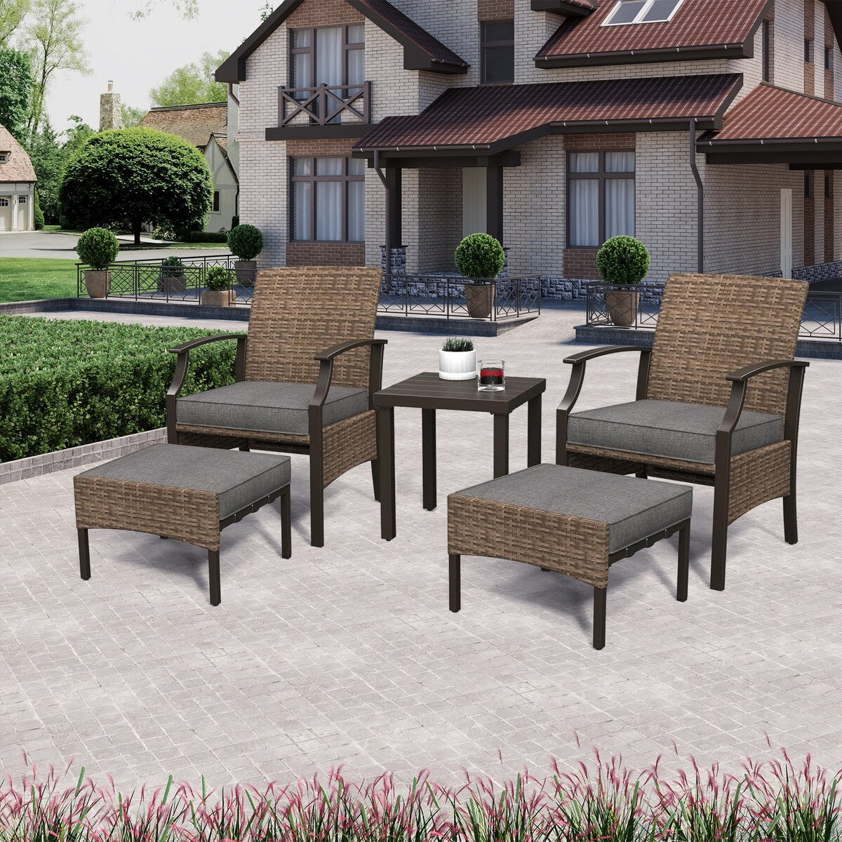 Ensemble de conversation de patio 5 pièces avec coussins, table basse et pouf