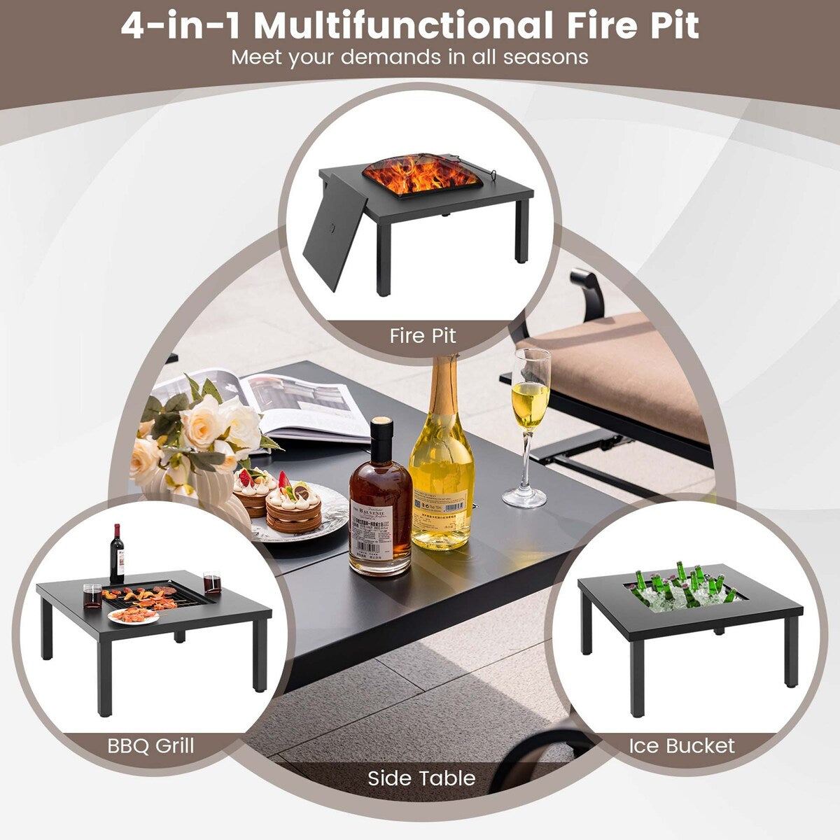 Ensemble de salle à manger de patio 5 pièces avec chaises à bascule robustes et table avec foyer