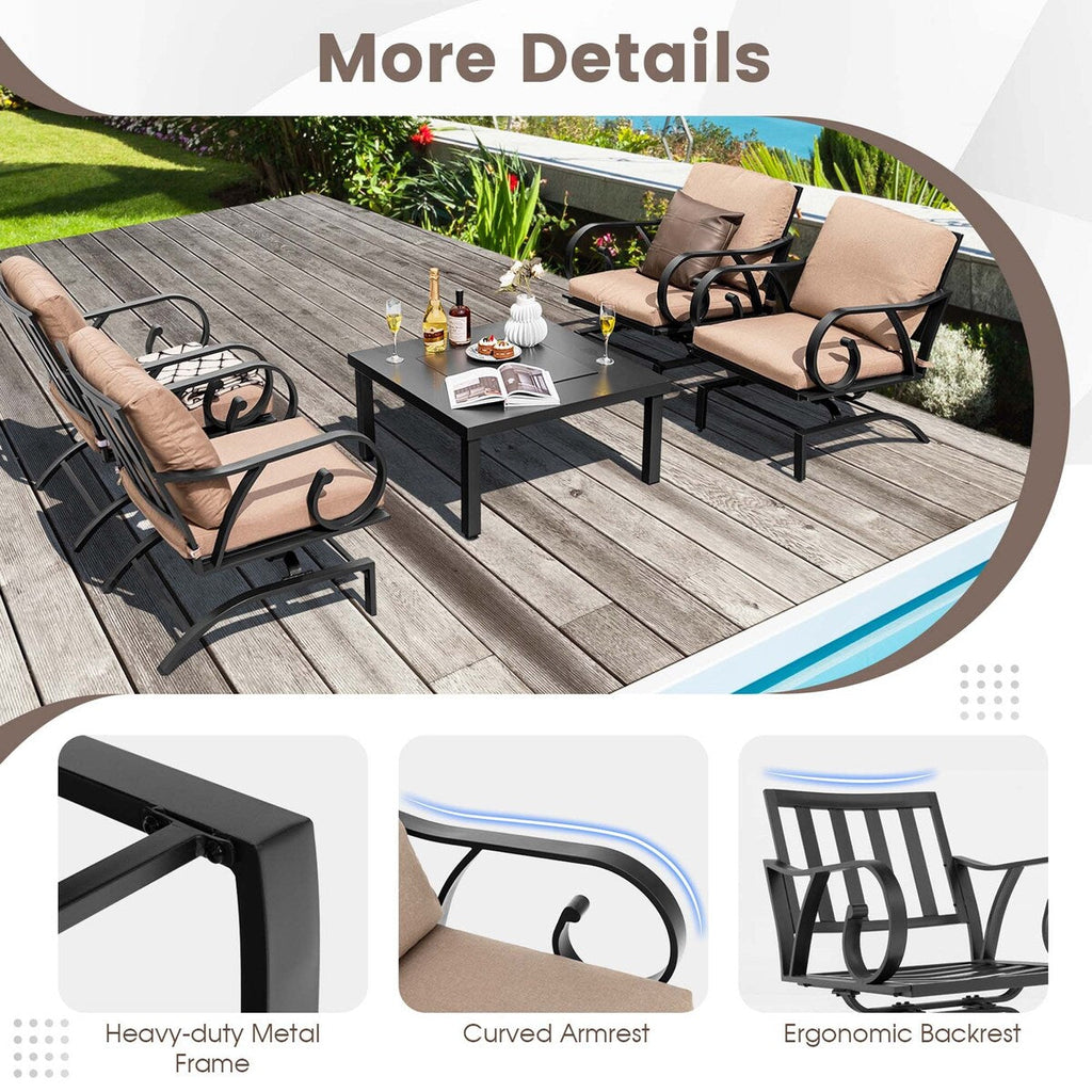 Ensemble de salle à manger de patio 5 pièces avec chaises à bascule robustes et table avec foyer