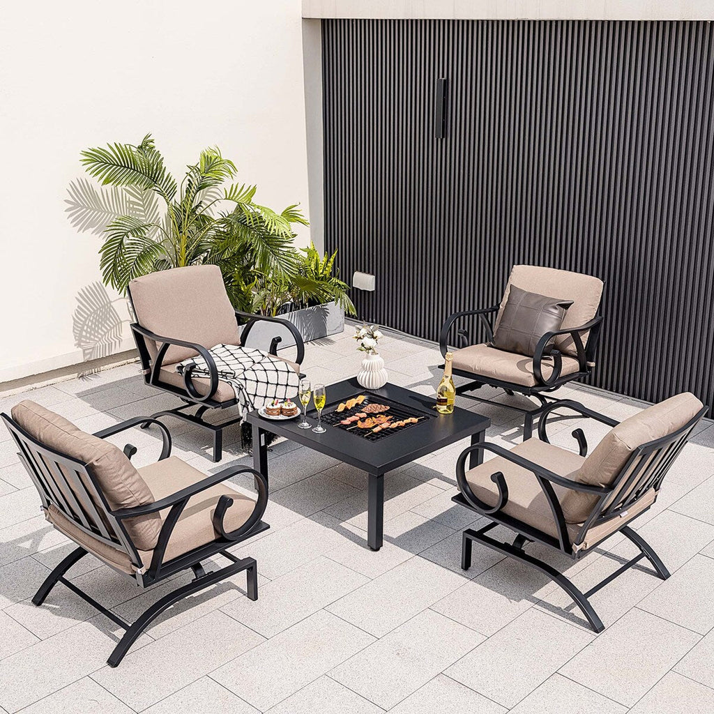 Ensemble de salle à manger de patio 5 pièces avec chaises à bascule robustes et table avec foyer