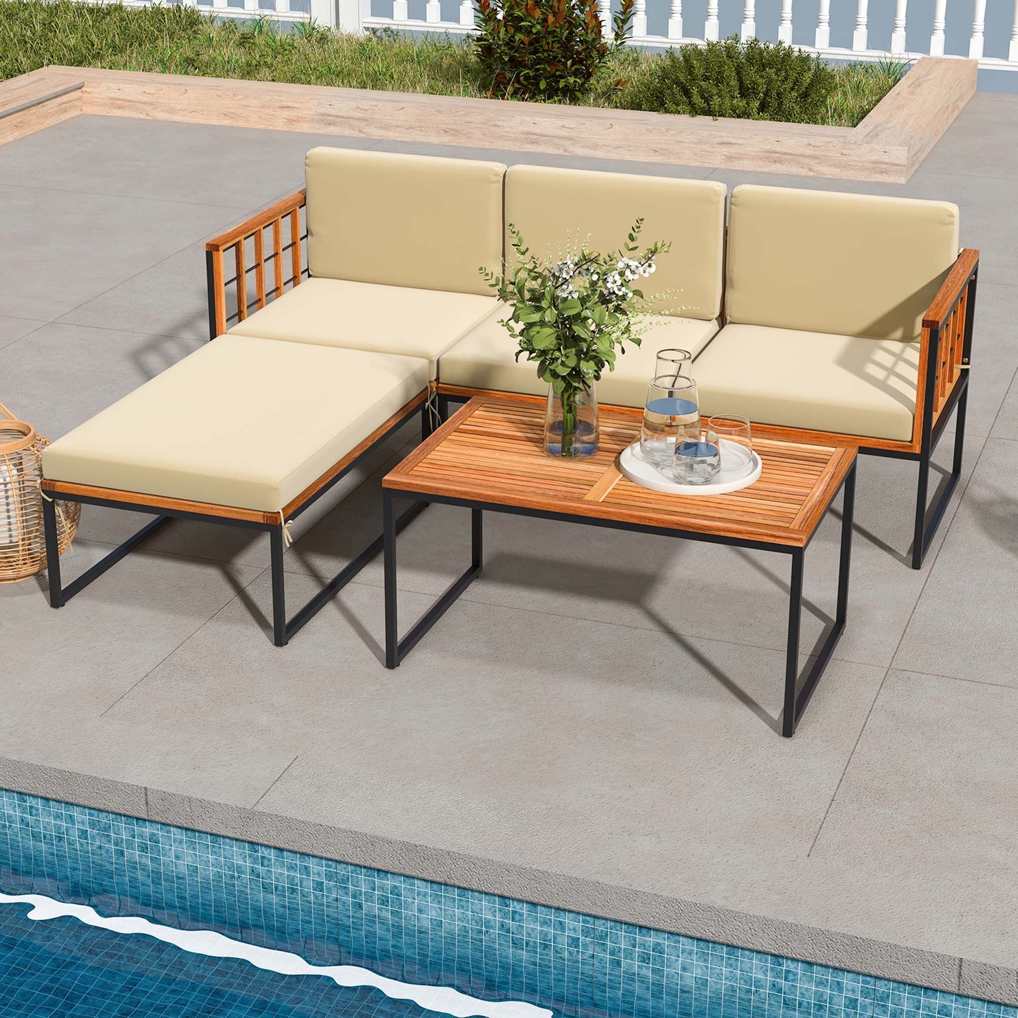Ensemble de meubles de patio 5 pièces en bois d'acacia avec coussins