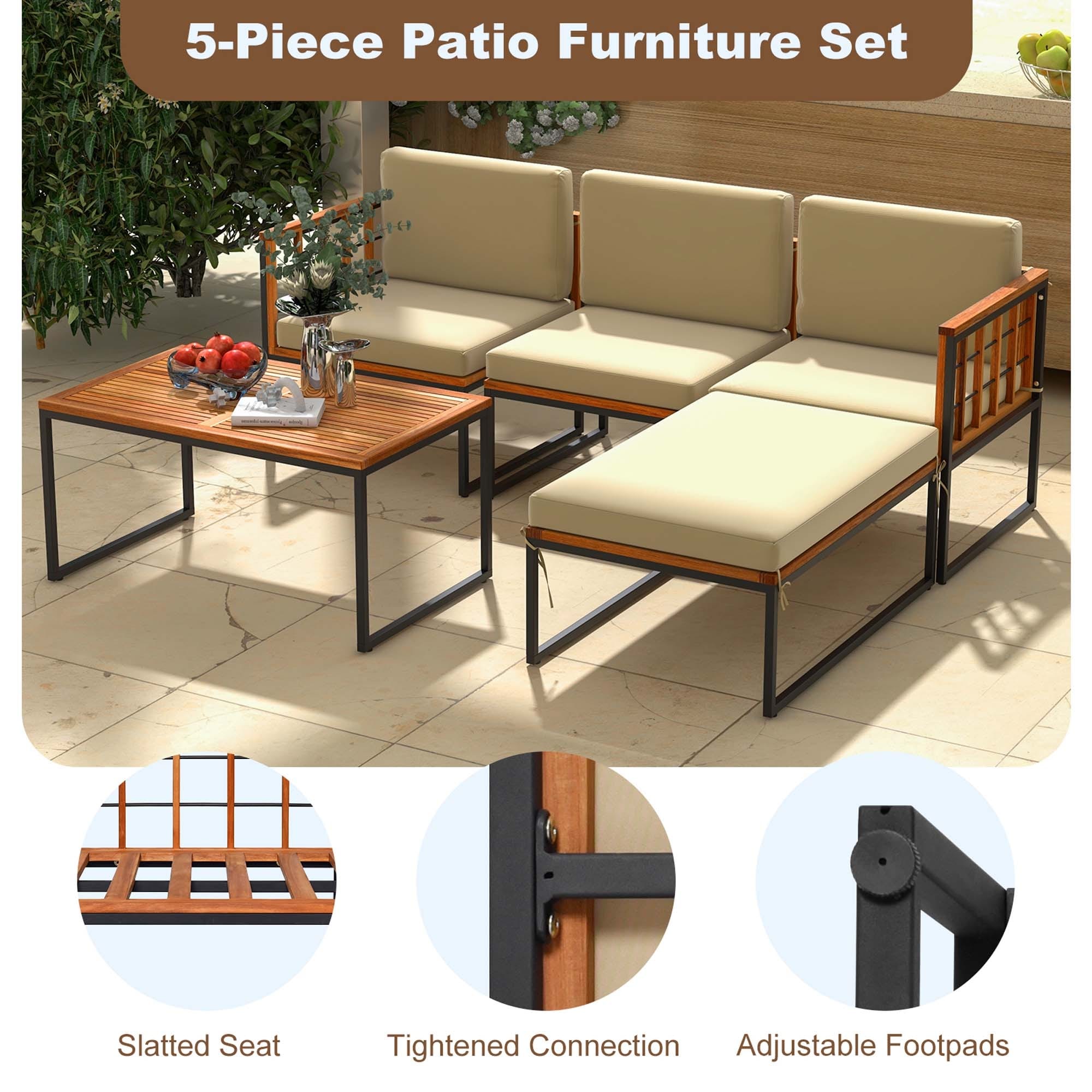Ensemble de meubles de patio 5 pièces en bois d'acacia avec coussins