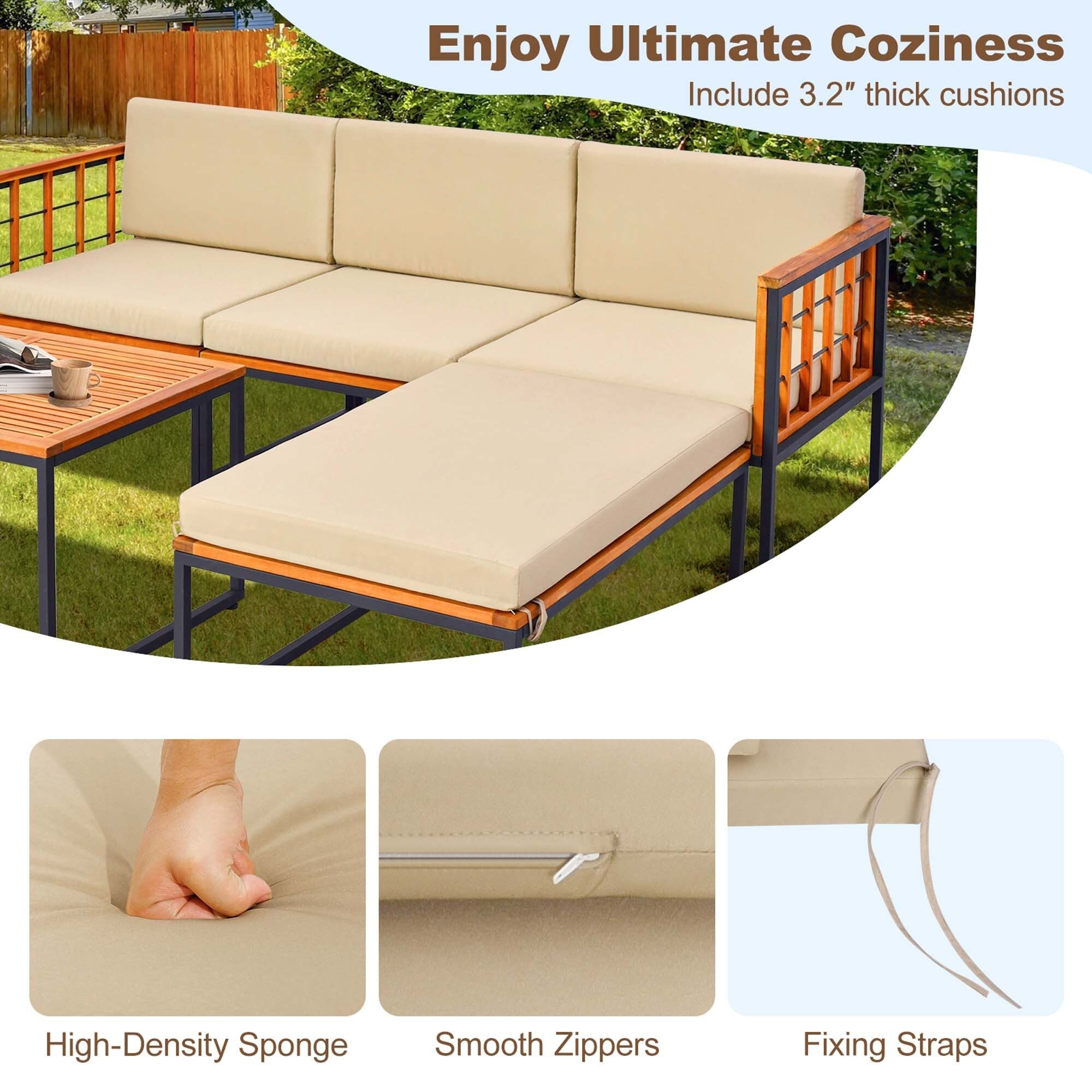 Ensemble de meubles de patio 5 pièces en bois d'acacia avec coussins
