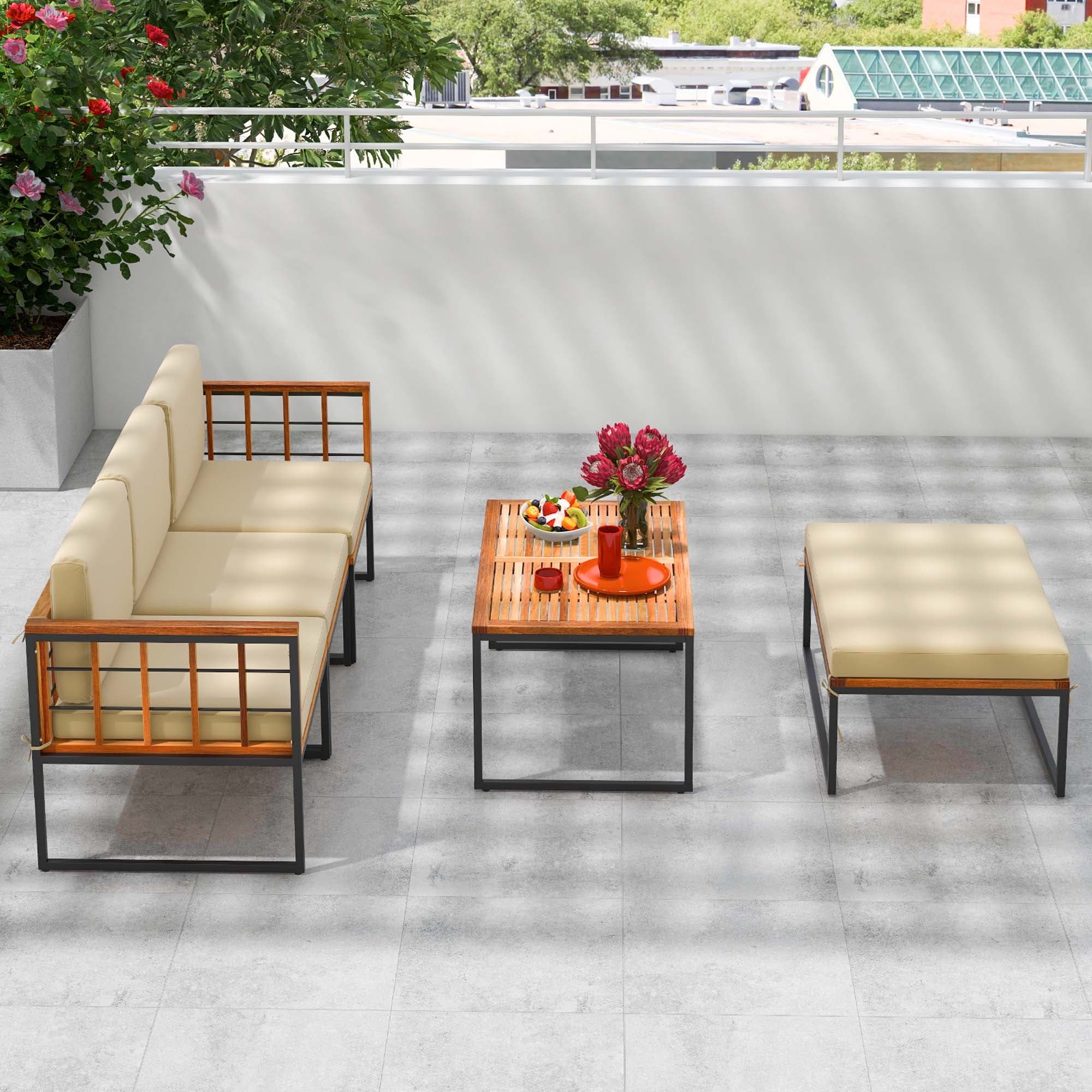Ensemble de meubles de patio 5 pièces en bois d'acacia avec coussins