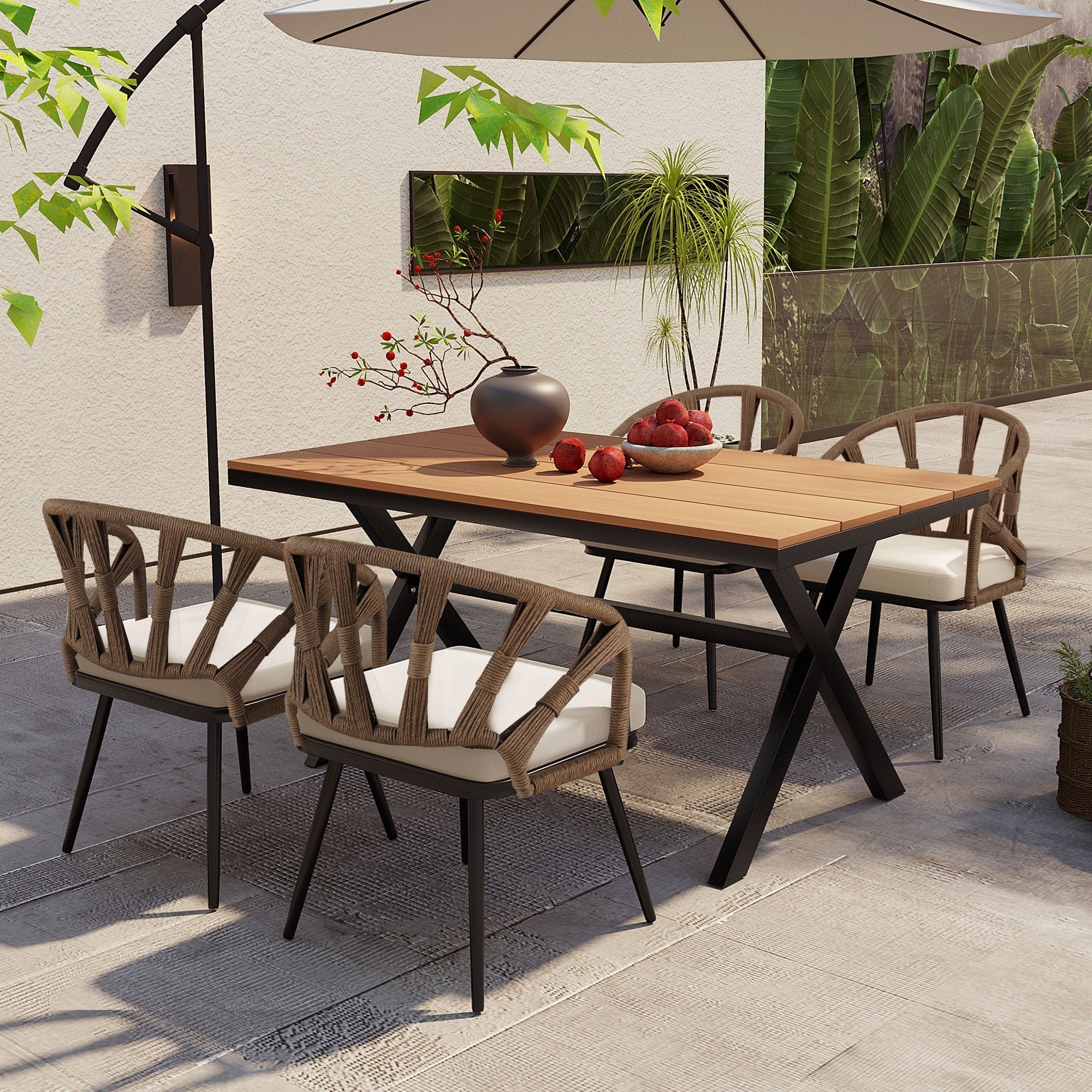 Ensemble table et chaises de jardin 5 pièces, avec chaises en rotin synthétique et table rectangulaire en bois