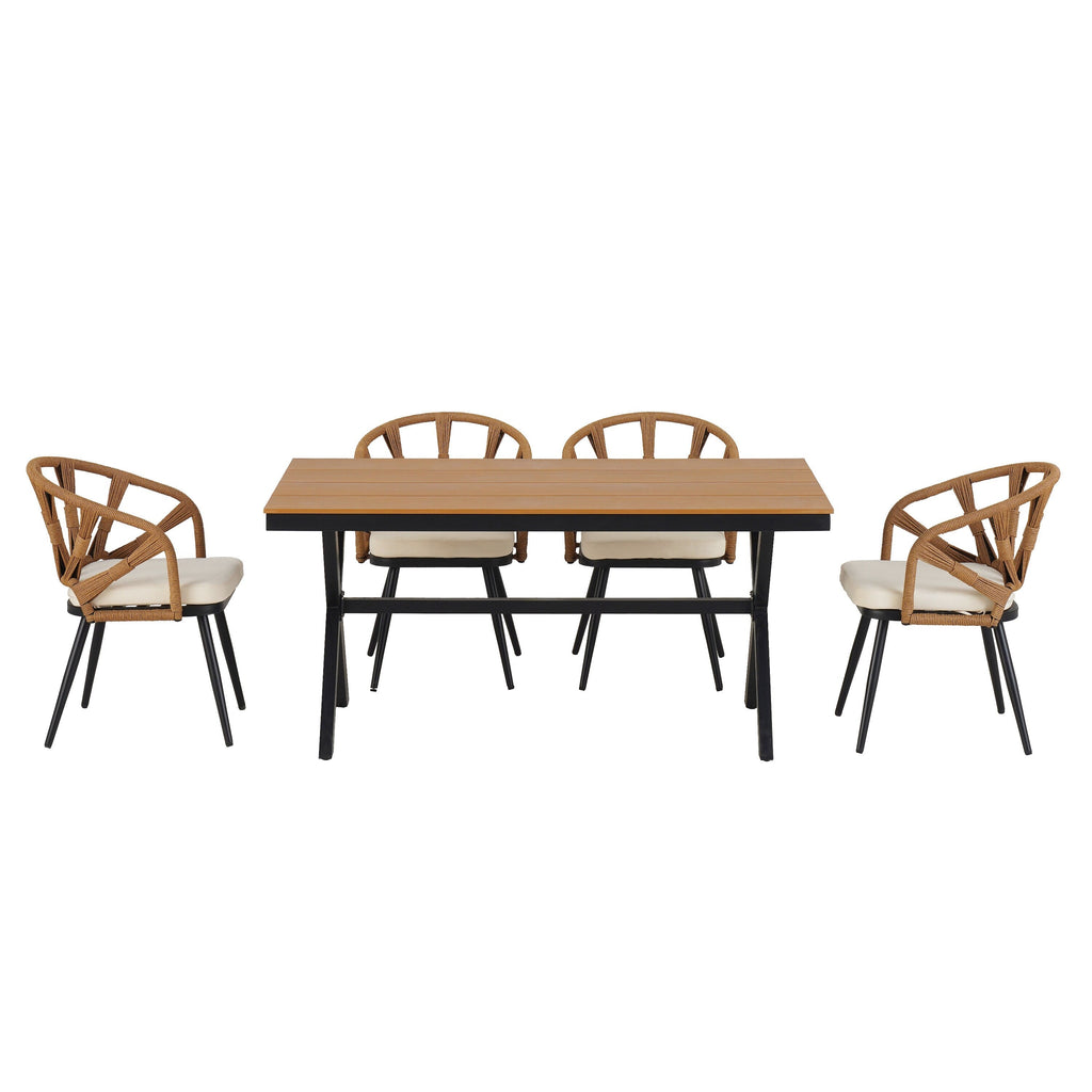 Ensemble table et chaises de jardin 5 pièces, avec chaises en rotin synthétique et table rectangulaire en bois