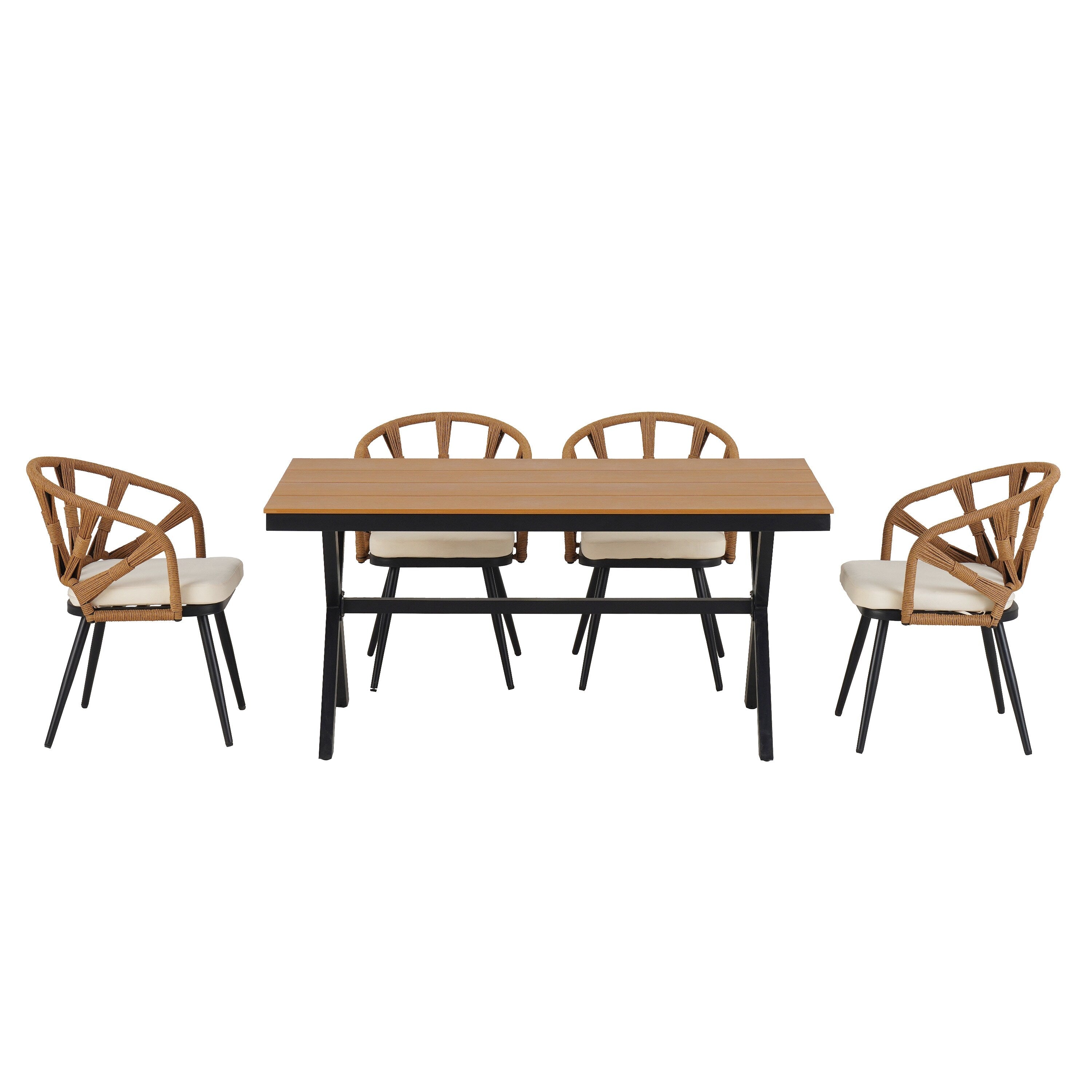 Ensemble table et chaises de jardin 5 pièces, avec chaises en rotin synthétique et table rectangulaire en bois