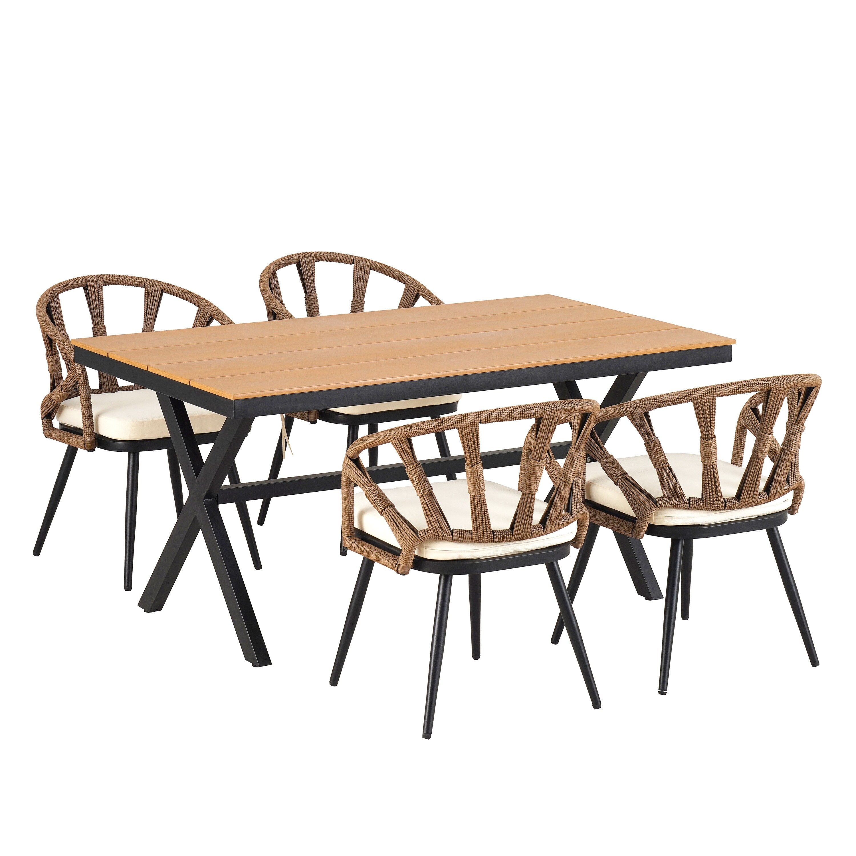 Ensemble table et chaises de jardin 5 pièces, avec chaises en rotin synthétique et table rectangulaire en bois