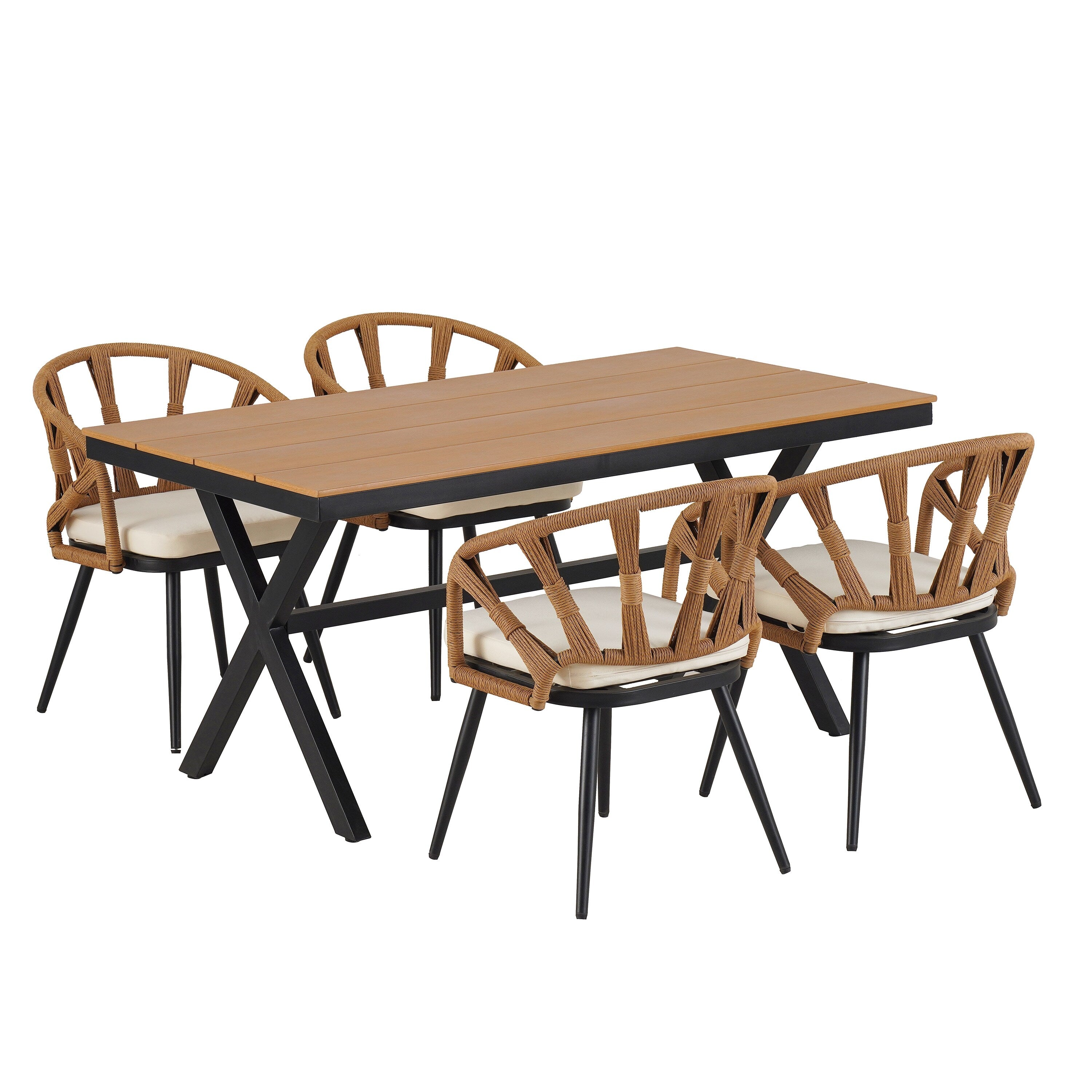 Ensemble table et chaises de jardin 5 pièces, avec chaises en rotin synthétique et table rectangulaire en bois