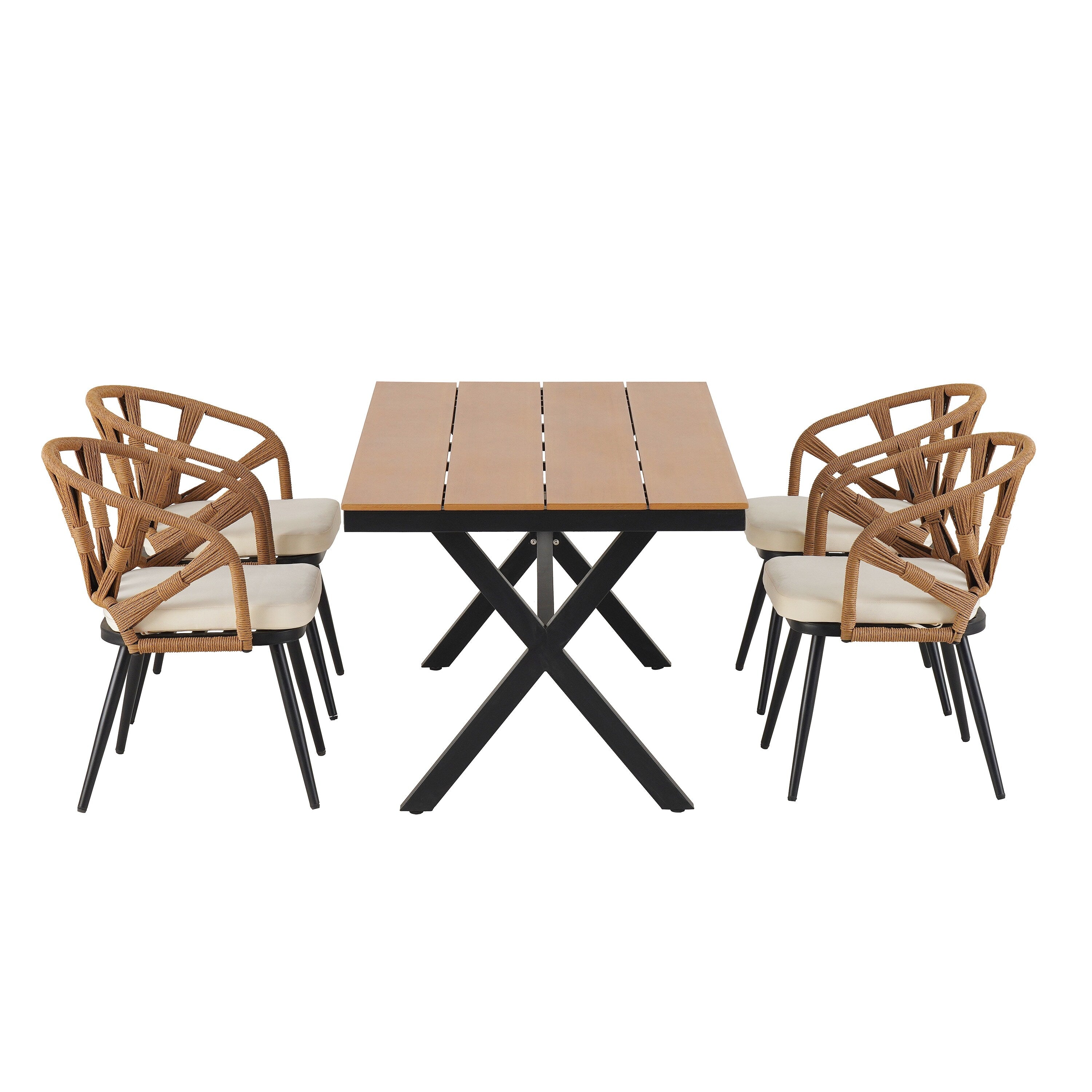 Ensemble table et chaises de jardin 5 pièces, avec chaises en rotin synthétique et table rectangulaire en bois