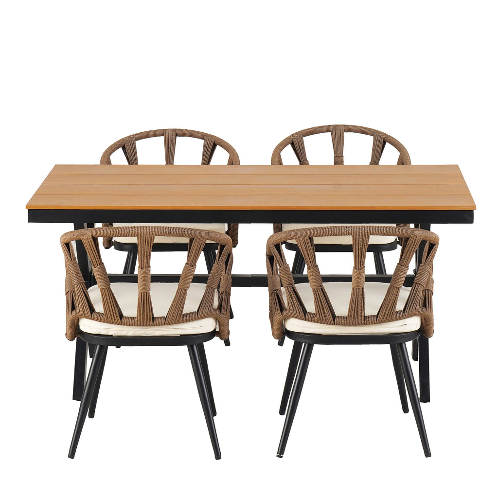 Ensemble table et chaises de jardin 5 pièces, avec chaises en rotin synthétique et table rectangulaire en bois