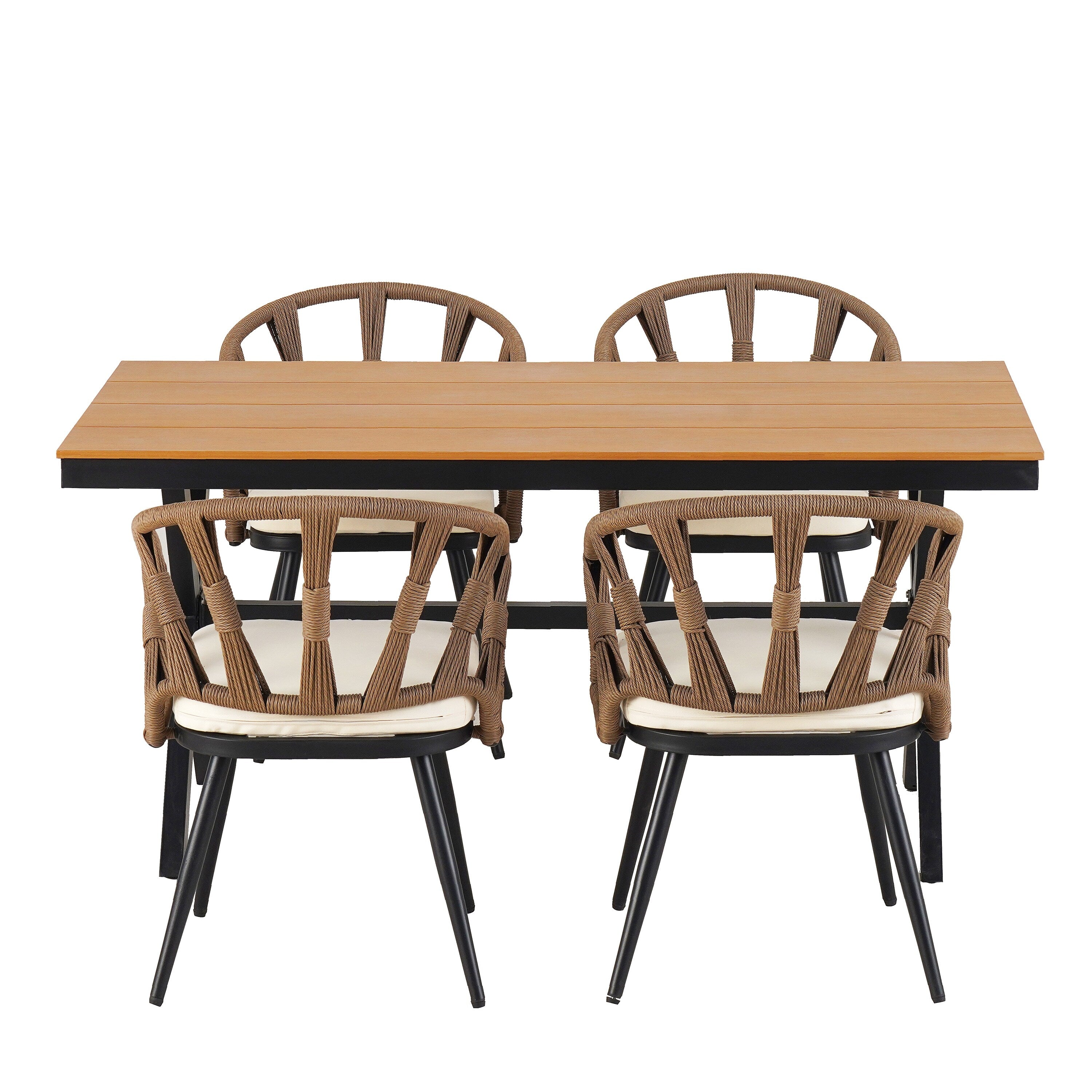 Ensemble table et chaises de jardin 5 pièces, avec chaises en rotin synthétique et table rectangulaire en bois