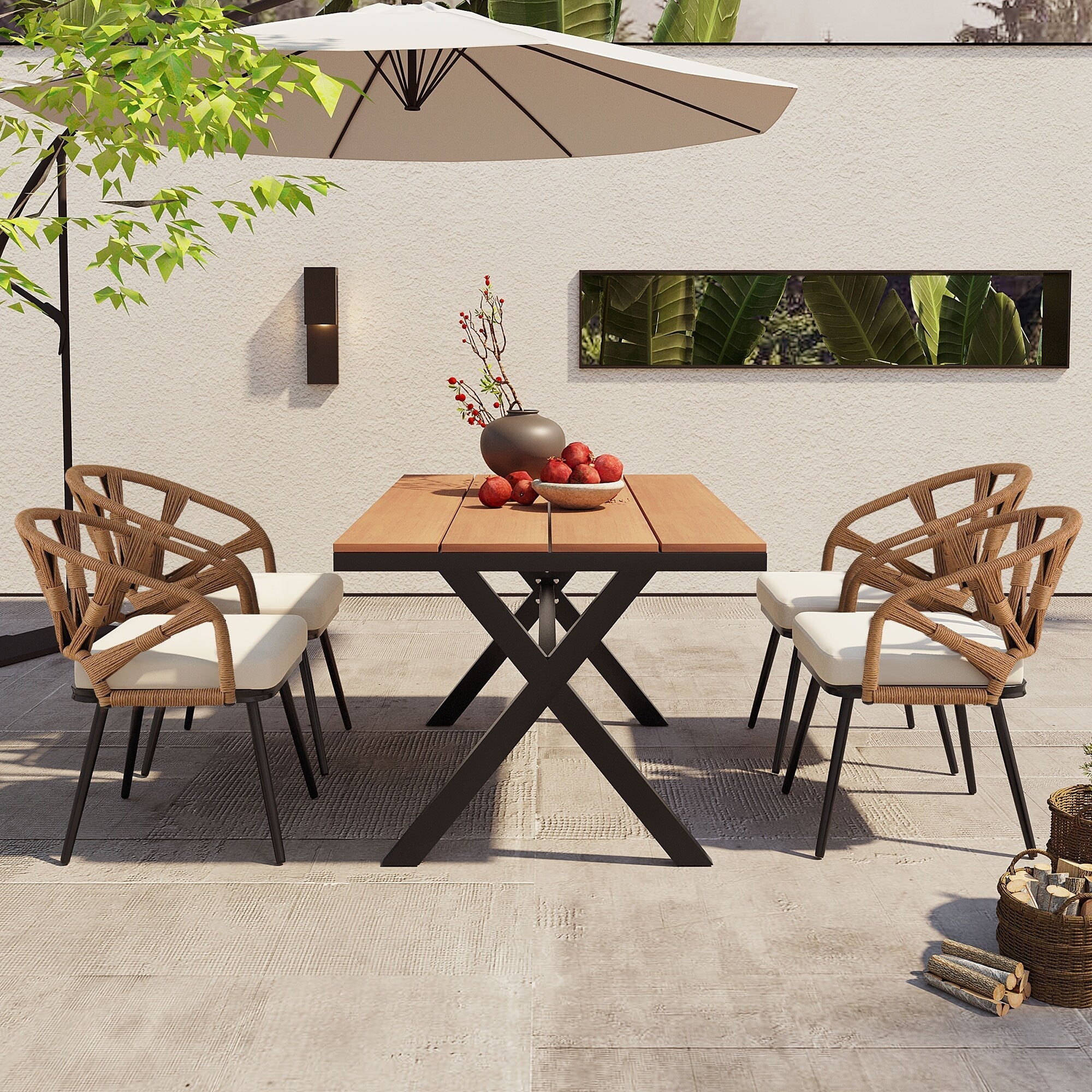 Ensemble table et chaises de jardin 5 pièces, avec chaises en rotin synthétique et table rectangulaire en bois