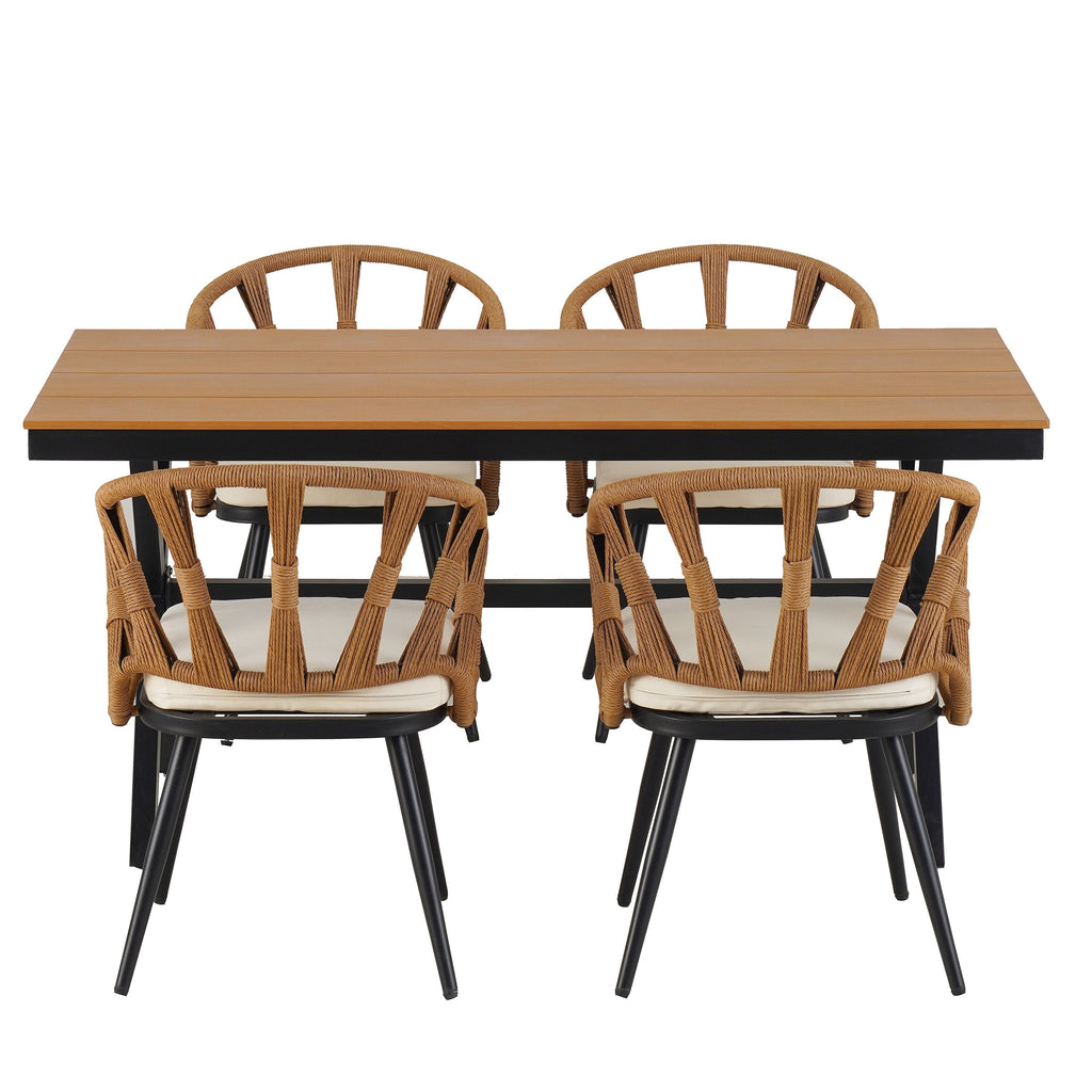 Ensemble table et chaises de jardin 5 pièces, avec chaises en rotin synthétique et table rectangulaire en bois