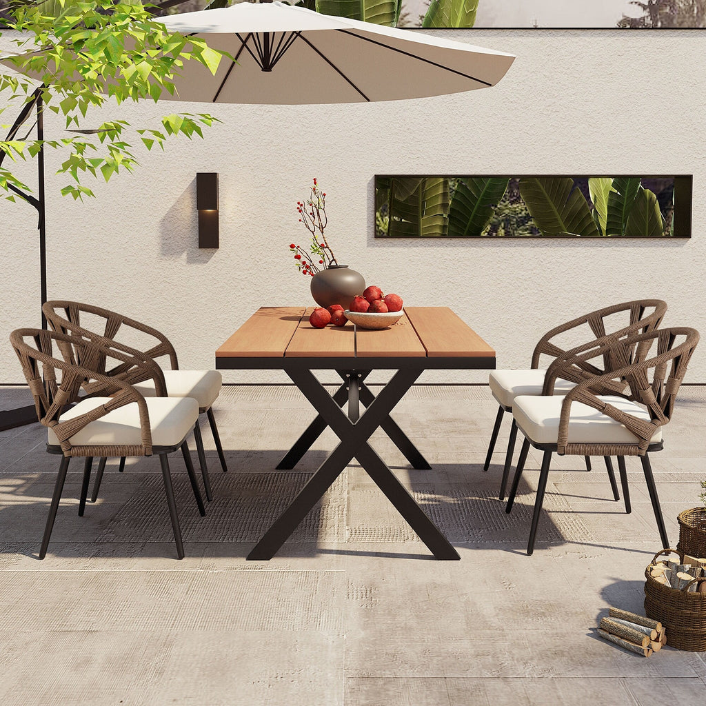 Ensemble table et chaises de jardin 5 pièces, avec chaises en rotin synthétique et table rectangulaire en bois