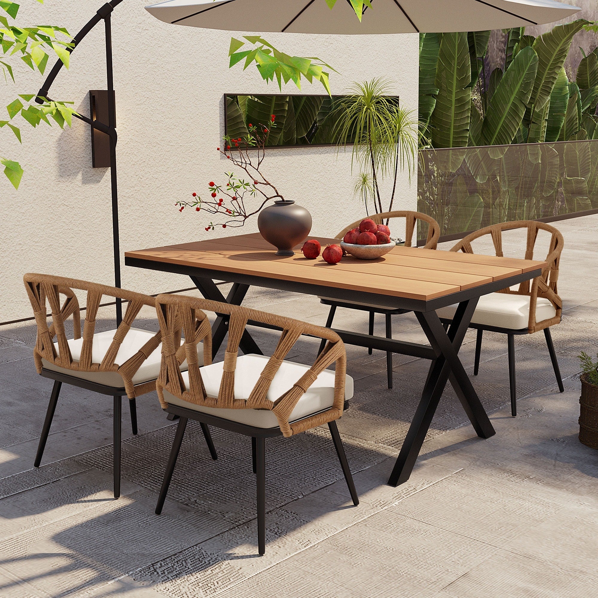 Ensemble table et chaises de jardin 5 pièces, avec chaises en rotin synthétique et table rectangulaire en bois