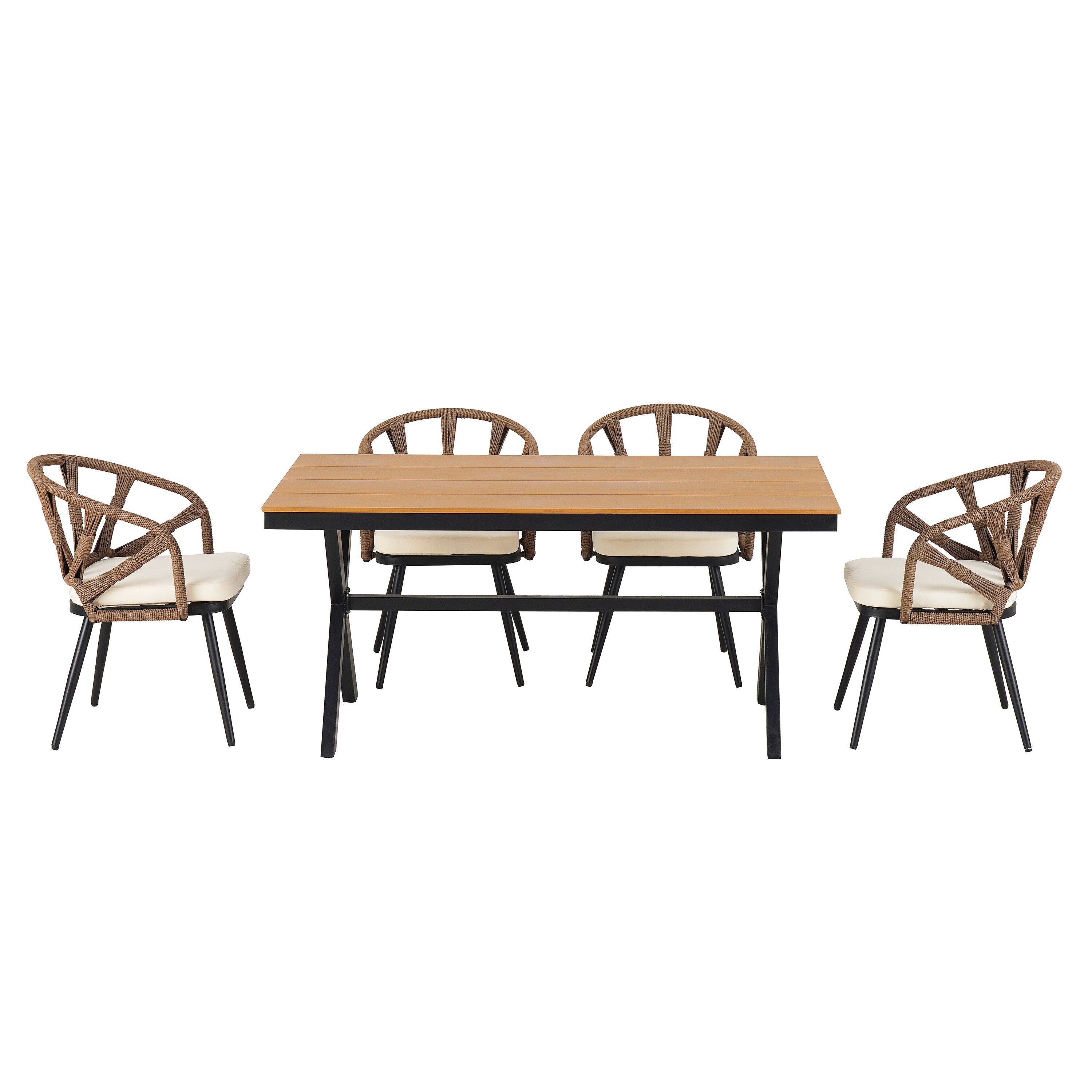Ensemble table et chaises de jardin 5 pièces, avec chaises en rotin synthétique et table rectangulaire en bois