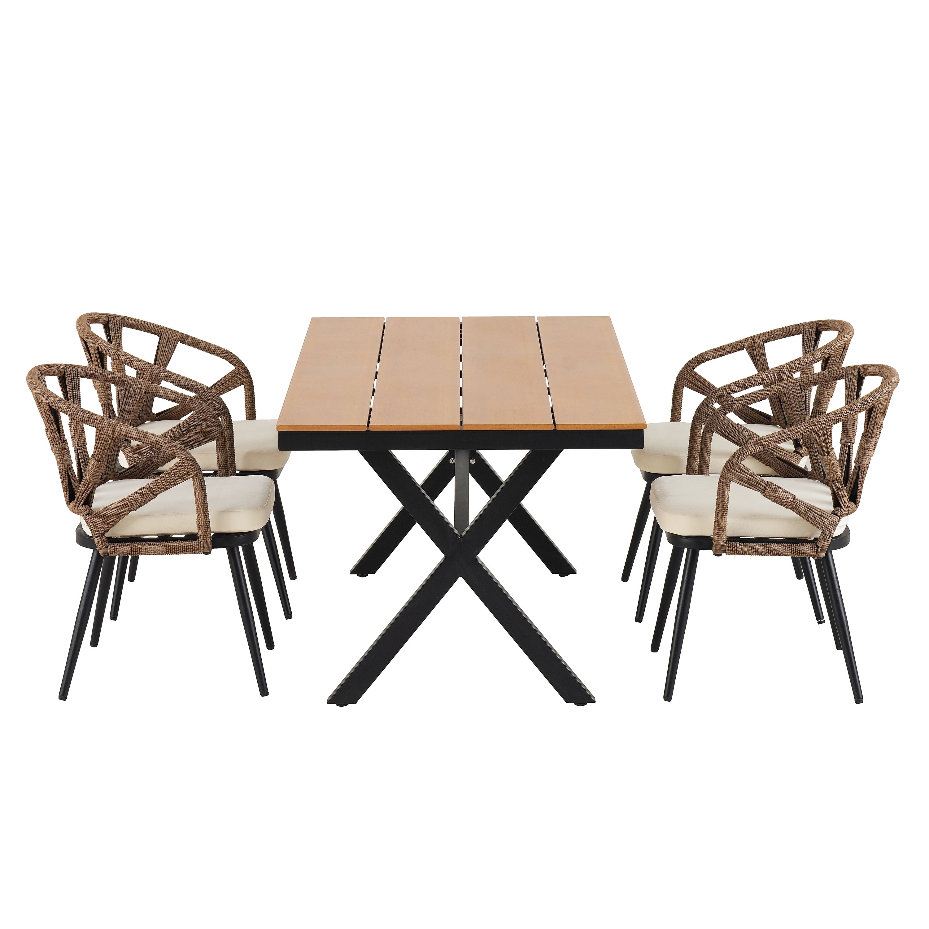 Ensemble table et chaises de jardin 5 pièces, avec chaises en rotin synthétique et table rectangulaire en bois
