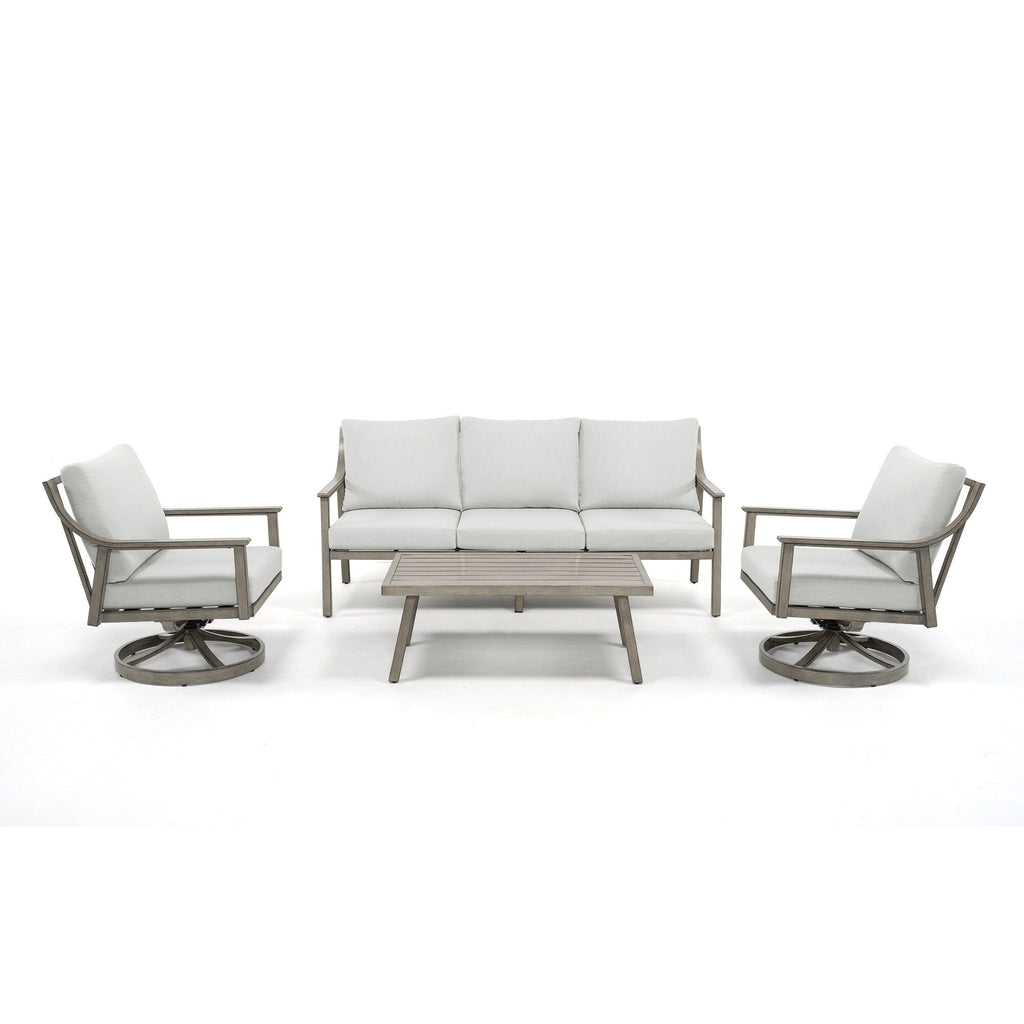 Ensemble de salon de jardin en aluminium pour 5 personnes avec chaises pivotantes, table basse et coussins