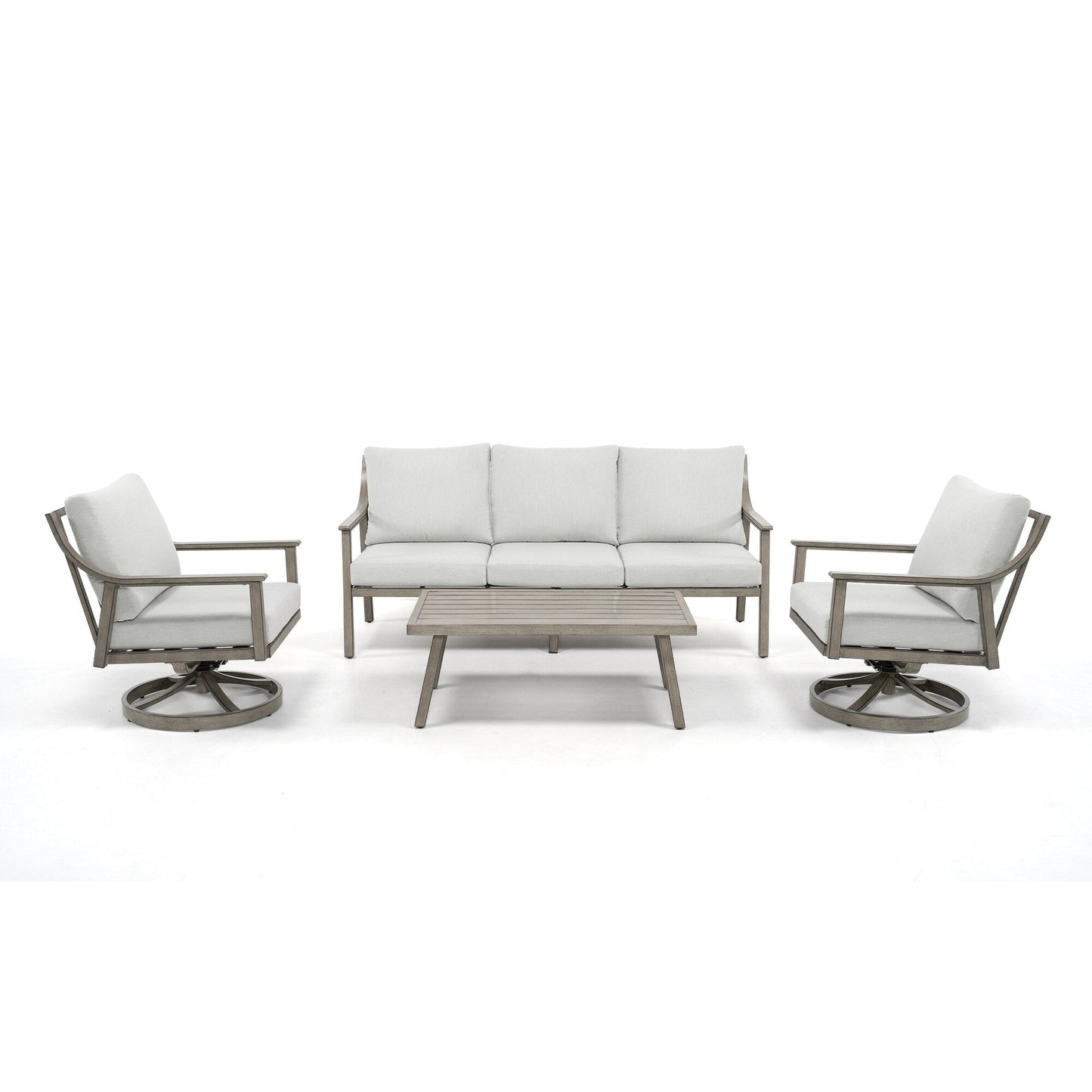 Ensemble de salon de jardin en aluminium pour 5 personnes avec chaises pivotantes, table basse et coussins