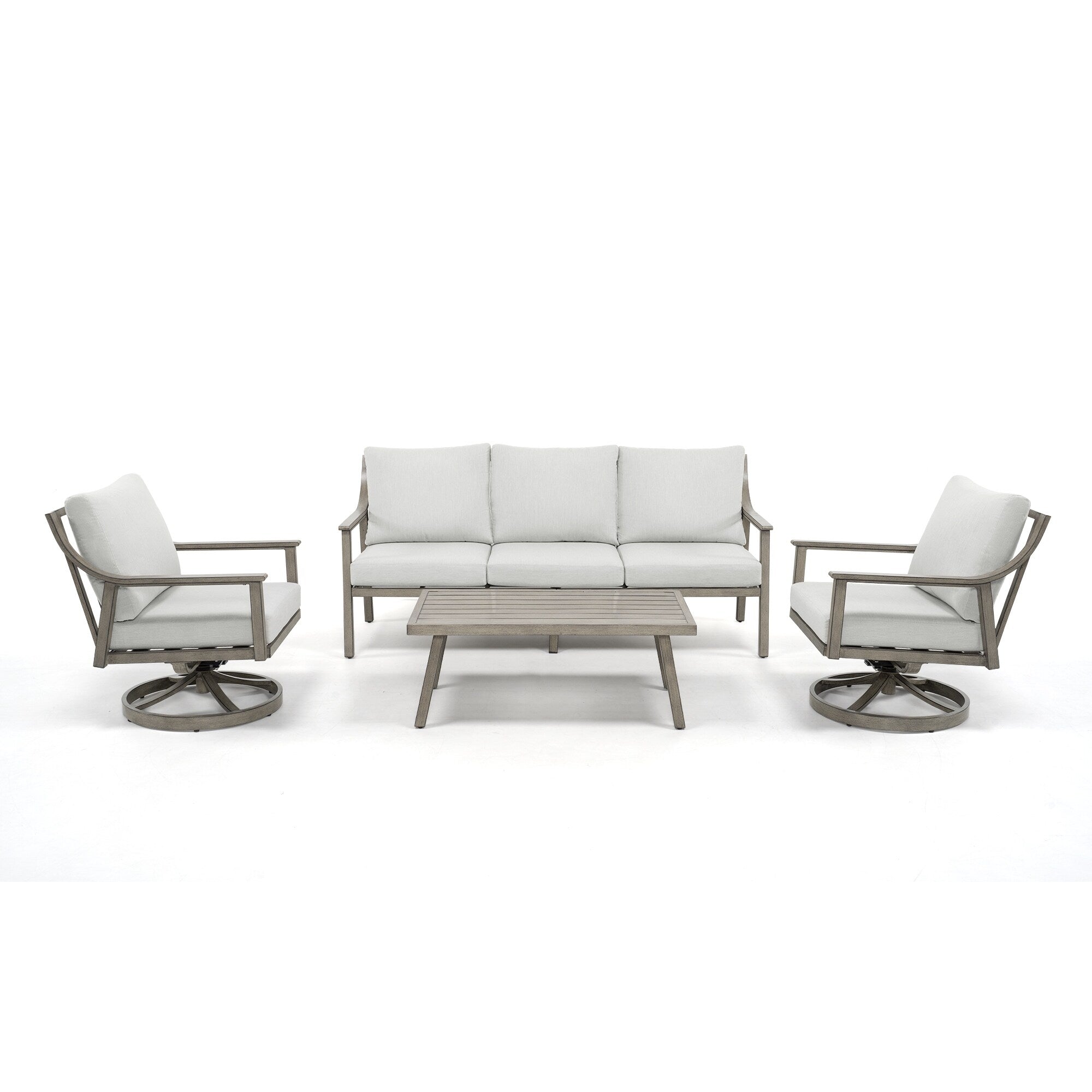 Ensemble de salon de jardin en aluminium pour 5 personnes avec chaises pivotantes, table basse et coussins