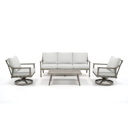 Ensemble de salon de jardin en aluminium pour 5 personnes avec chaises pivotantes, table basse et coussins