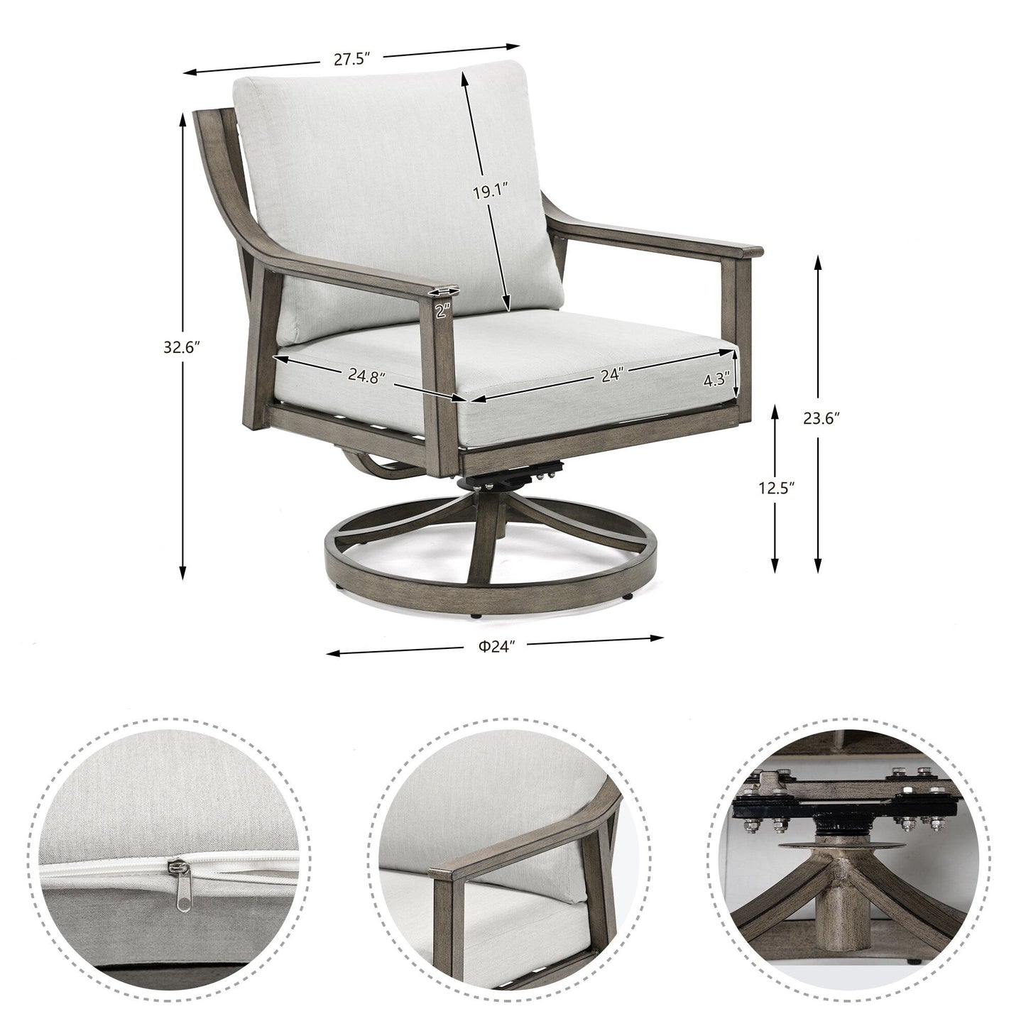 Ensemble de salon de jardin en aluminium pour 5 personnes avec chaises pivotantes, table basse et coussins