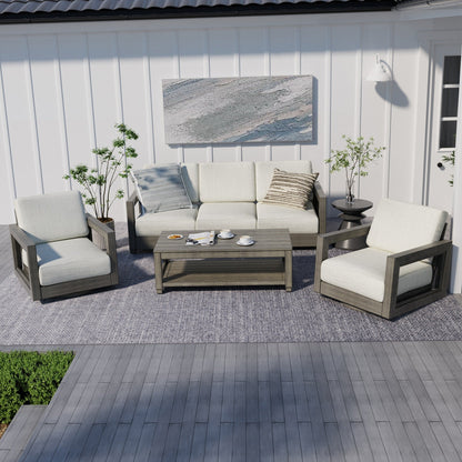 Ensemble de salon de jardin en aluminium pour 5 personnes avec chaises pivotantes, cadre et coussins peints à la main
