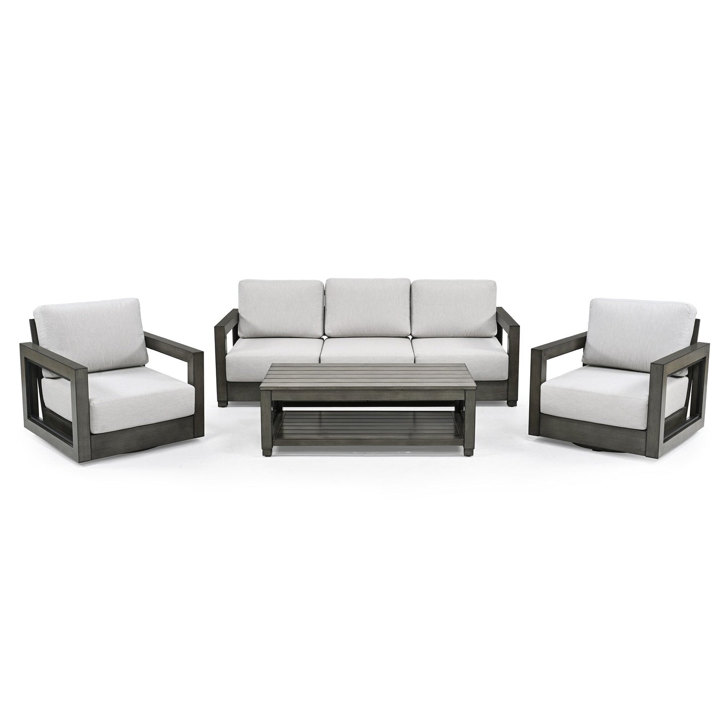 Ensemble de salon de jardin en aluminium pour 5 personnes avec chaises pivotantes, cadre et coussins peints à la main