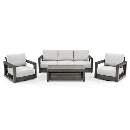 Ensemble de salon de jardin en aluminium pour 5 personnes avec chaises pivotantes, cadre et coussins peints à la main