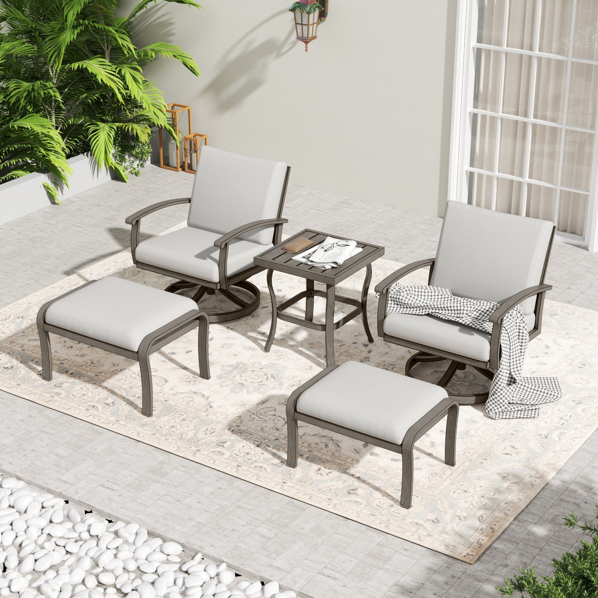 Ensemble de salon de jardin en aluminium 5 pièces avec table d'appoint, pouf et coussins gris clair
