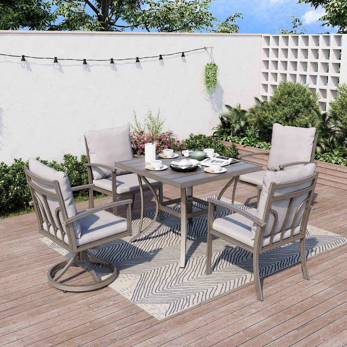 Ensemble de salle à manger de patio en aluminium 5 pièces avec 2 chaises pivotantes et 2 chaises de salle à manger et coussins lavables