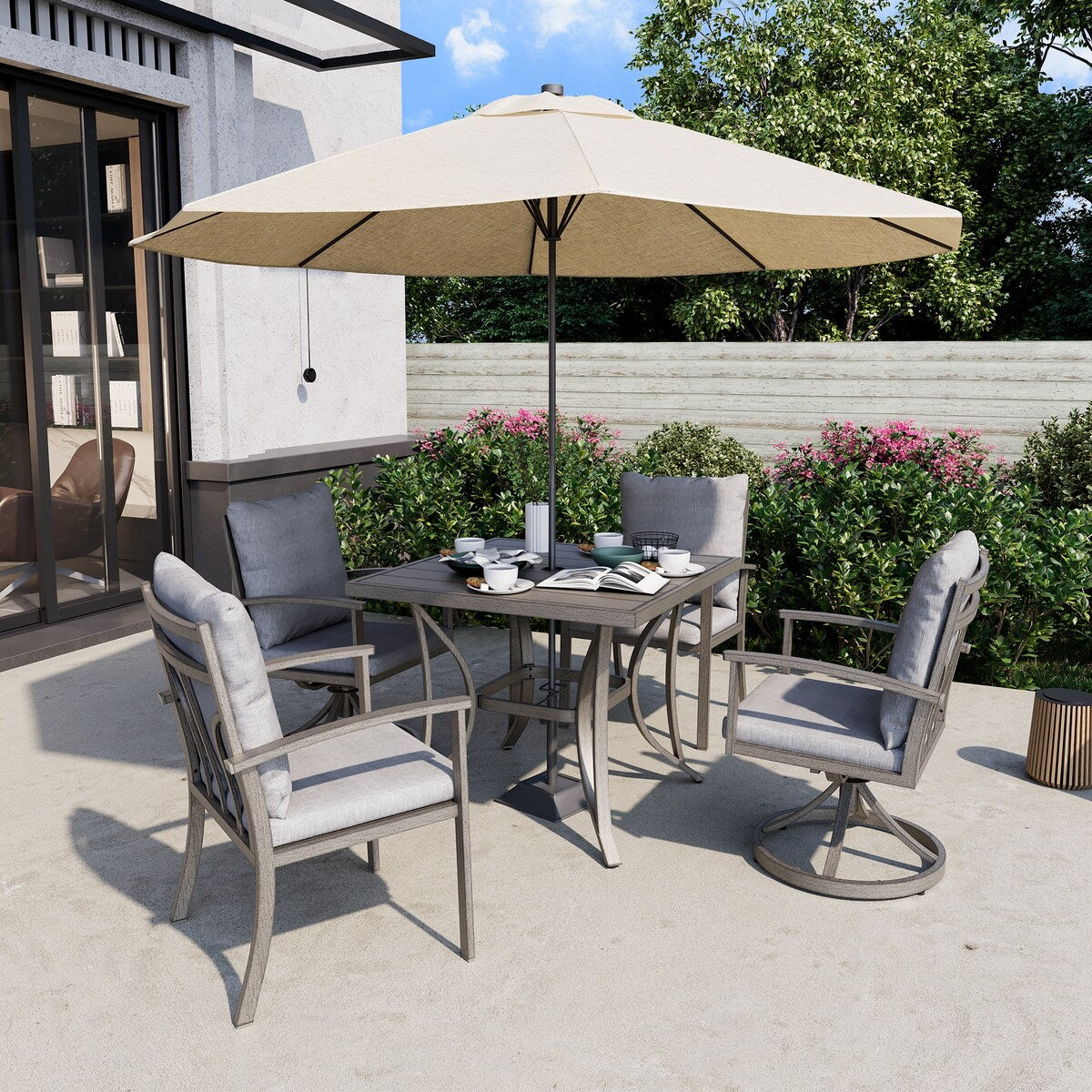 Ensemble de salle à manger de patio en aluminium 5 pièces avec 2 chaises pivotantes et 2 chaises de salle à manger et coussins lavables