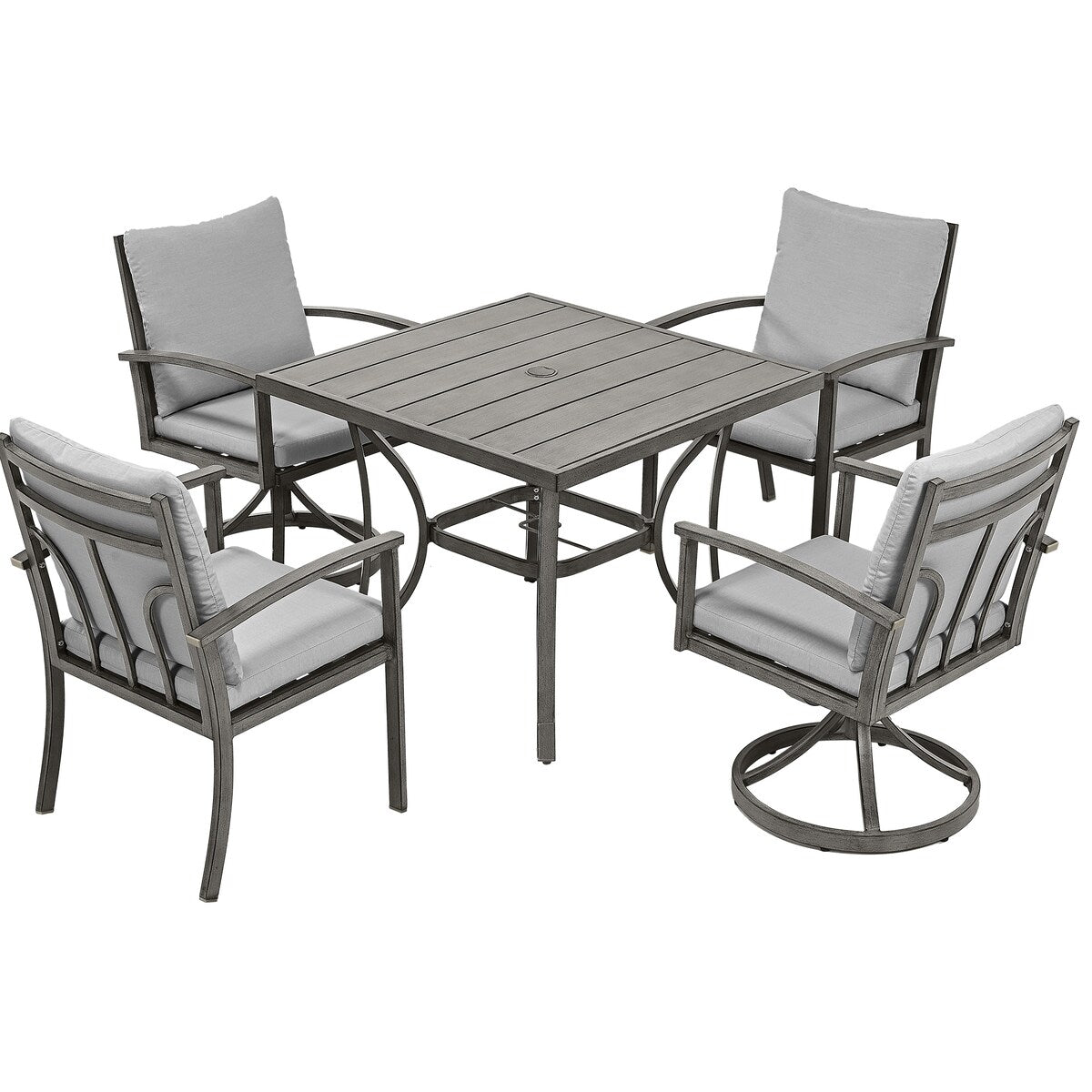 Ensemble de salle à manger de patio en aluminium 5 pièces avec 2 chaises pivotantes et 2 chaises de salle à manger et coussins lavables