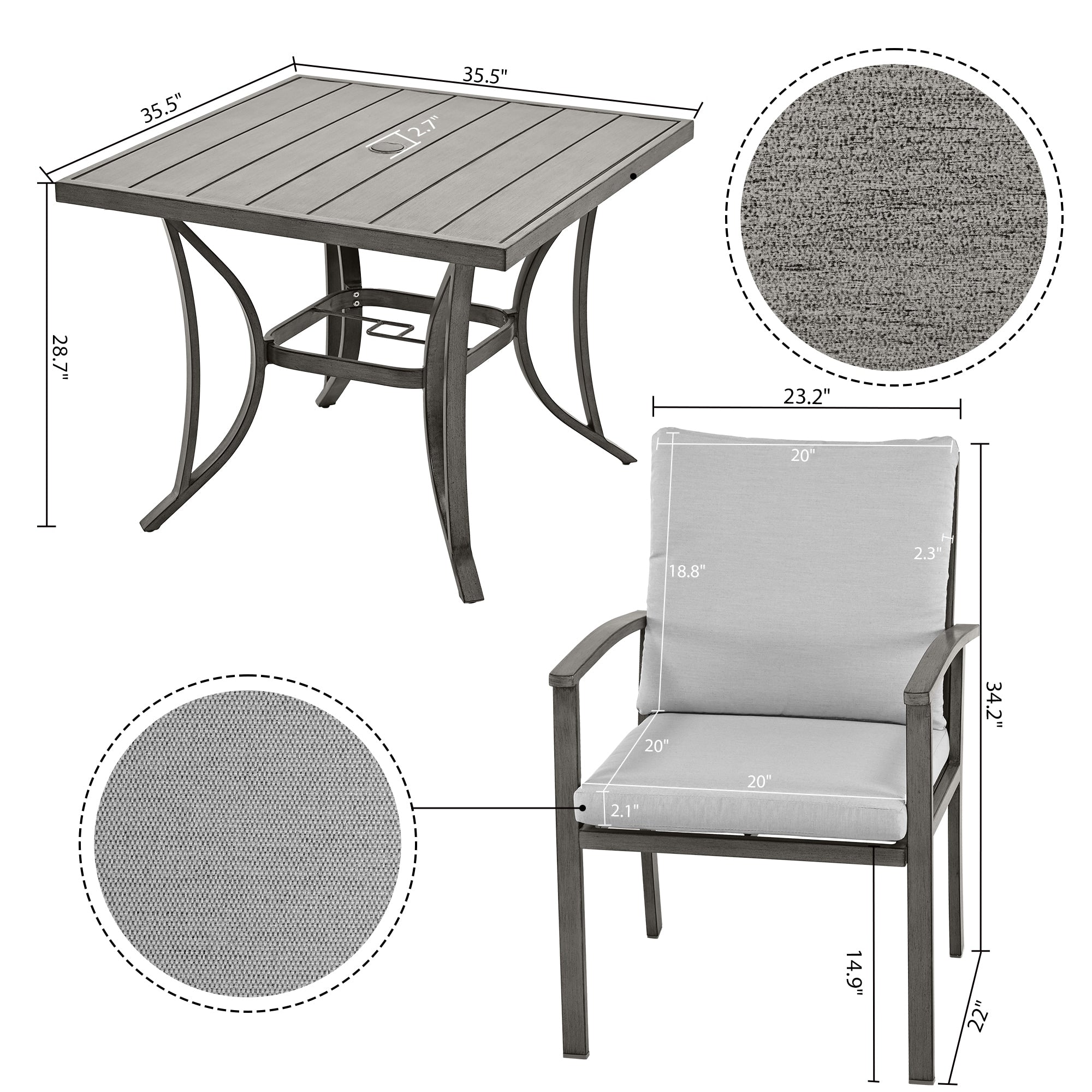 Ensemble de salle à manger de patio en aluminium 5 pièces avec table et revêtement lavable gris clair