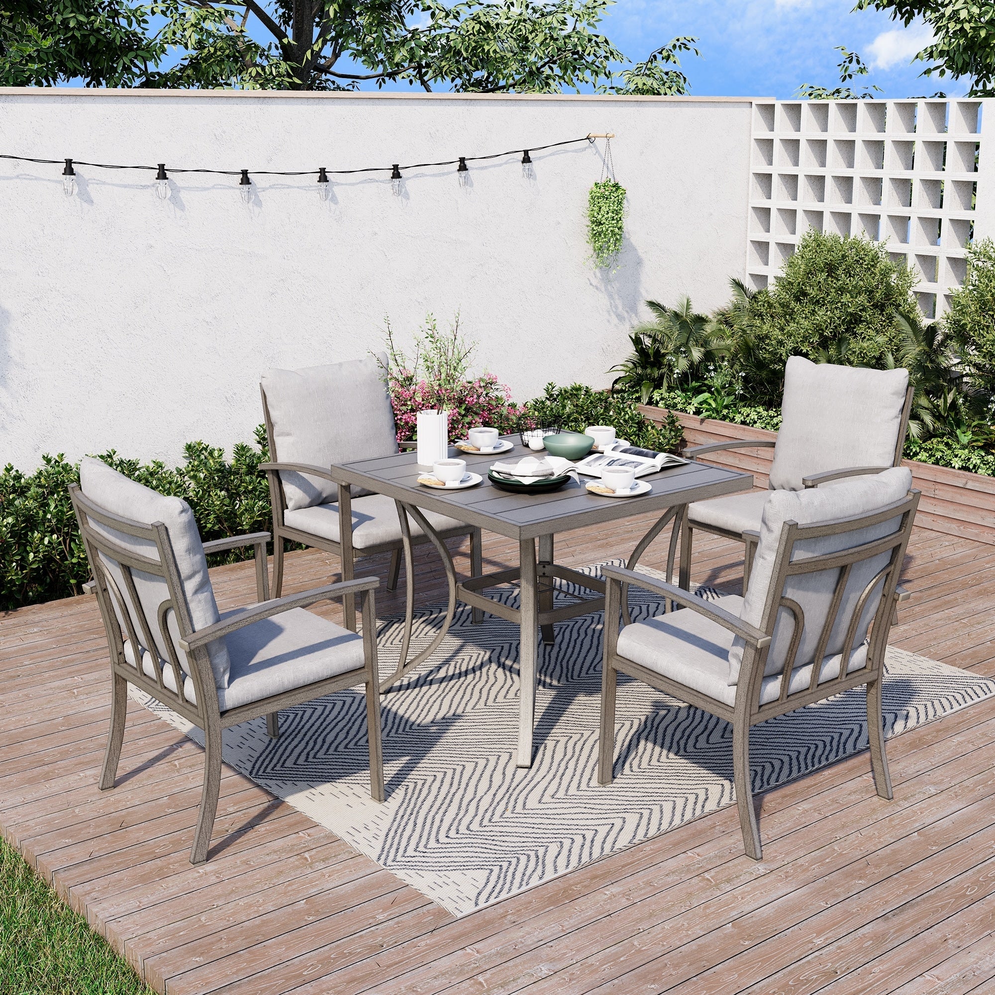 Ensemble de salle à manger de patio en aluminium 5 pièces avec table et revêtement lavable gris clair