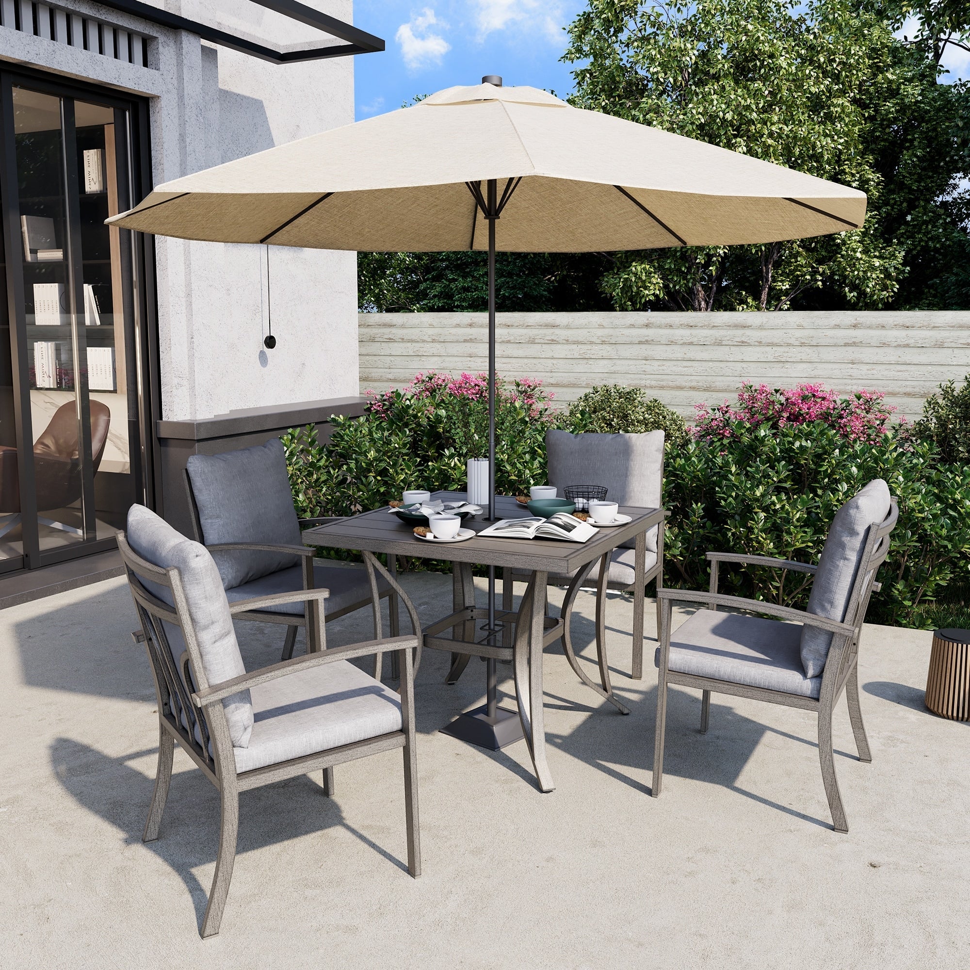 Ensemble de salle à manger de patio en aluminium 5 pièces avec table et revêtement lavable gris clair