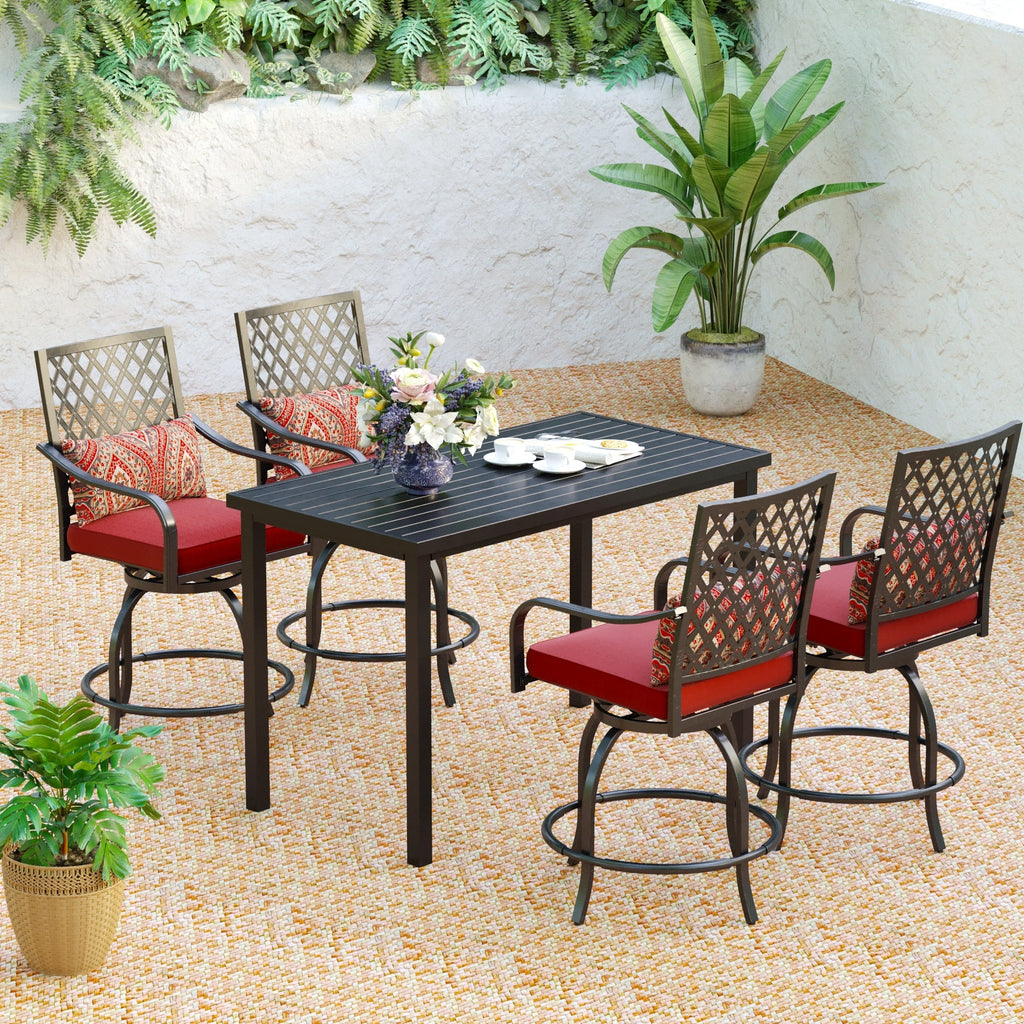 Ensemble de salle à manger de 5 pièces, 4 chaises de bar pivotantes en rotin ou 4 chaises de bar pivotantes en métal et 1 table de bar rectangulaire en métal