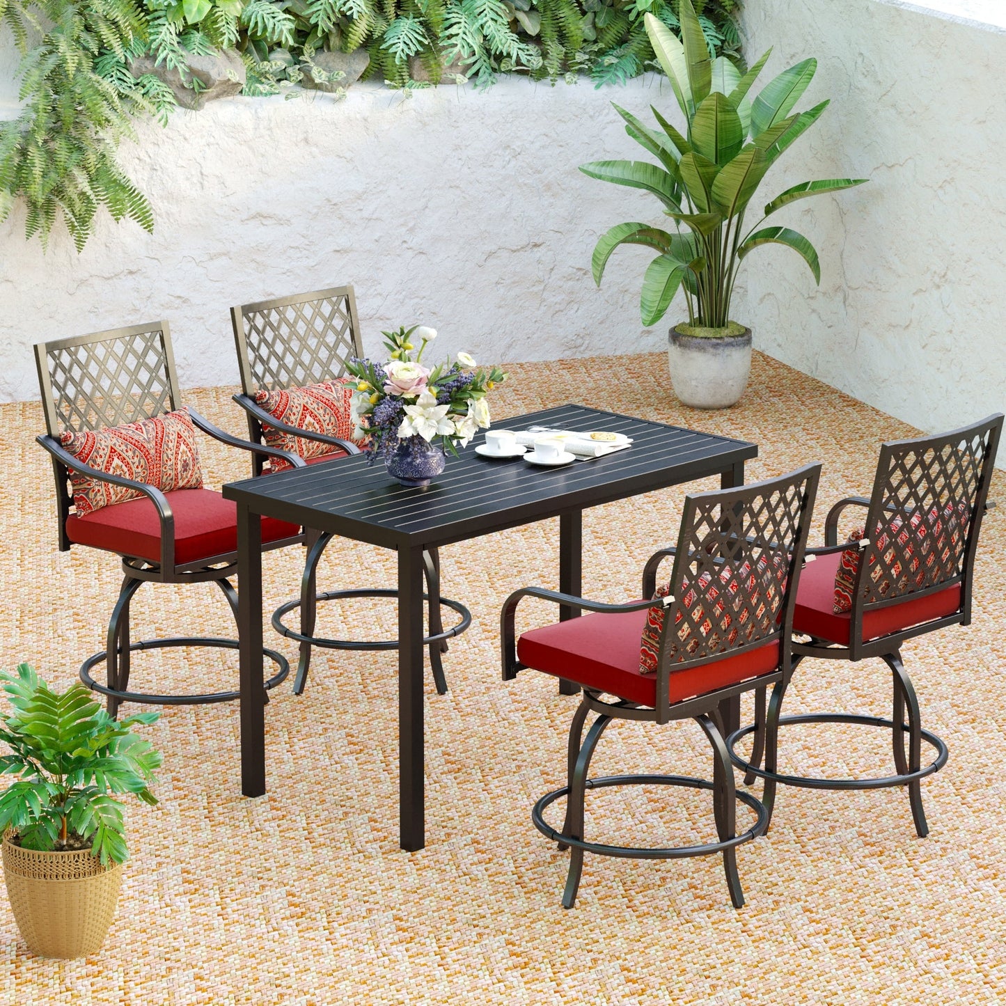 Ensemble de salle à manger de 5 pièces, 4 chaises de bar pivotantes en rotin ou 4 chaises de bar pivotantes en métal et 1 table de bar rectangulaire en métal